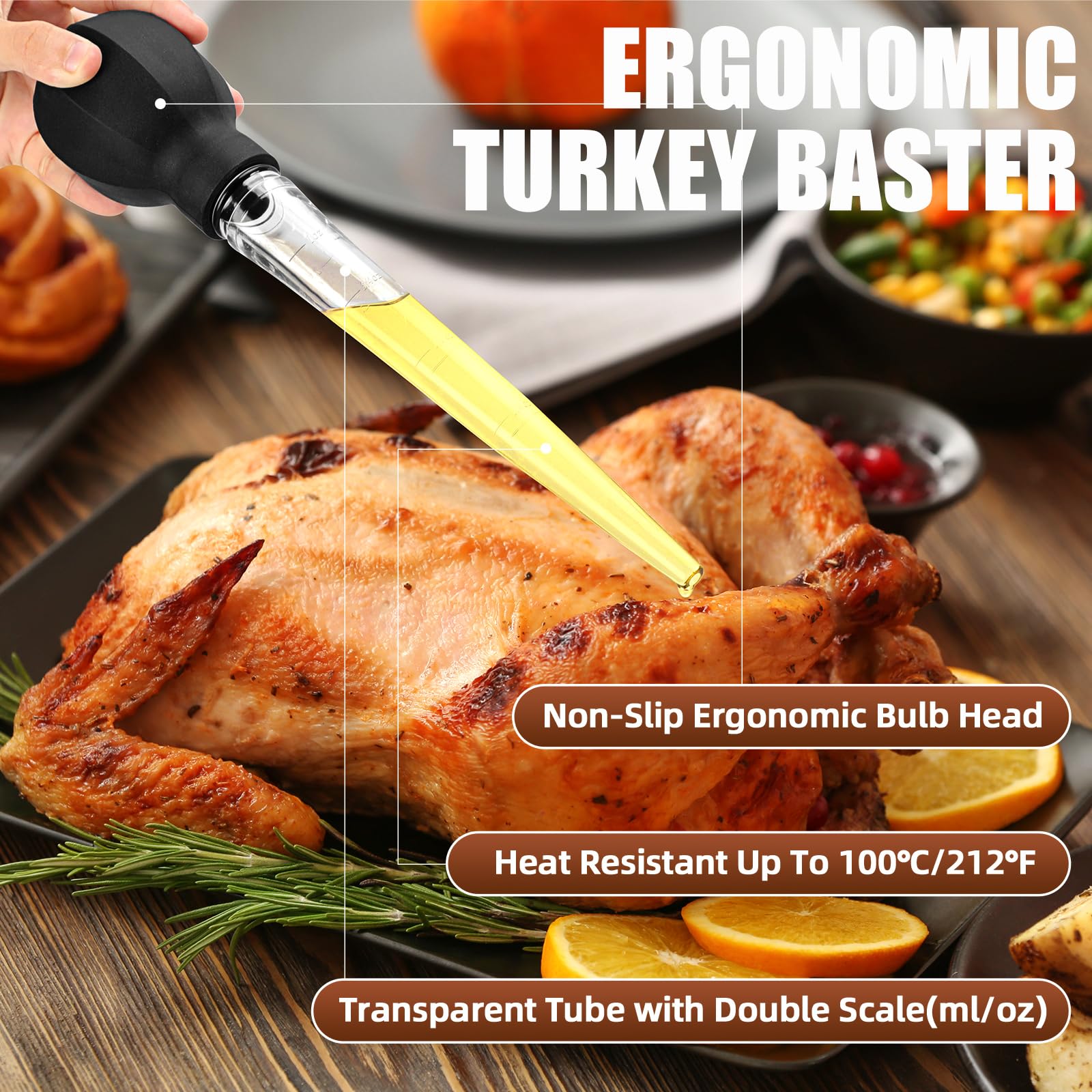 Premium Turkey Baster with Brush - Easy to Use & Clean - Dishwasher Safe for Cooking Meat, Poultry & Beef