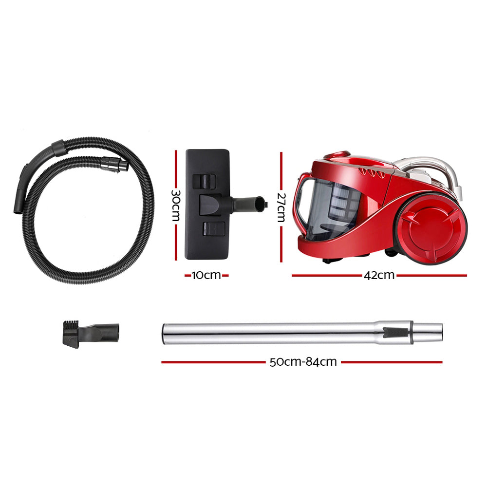 Devanti 2200W Powerful Bagless Vacuum Cleaner with HEPA Filtration - Lightweight Red Corded Vacuum for Pet Hair, Hard Floors & Carpets - Ideal for Home, Office & Car Cleaning