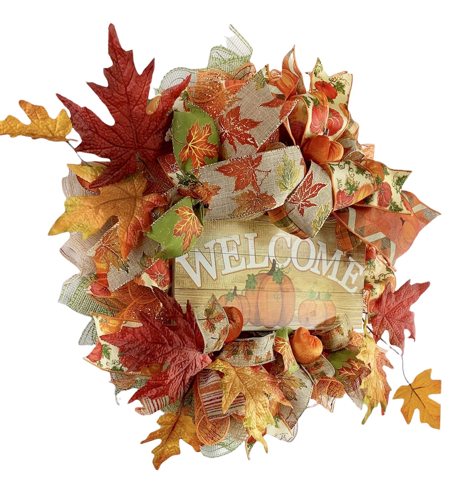 Handmade Autumn Wreath with Velvet Pumpkins & Fall Leaves - Rustic Front Door Decor for Thanksgiving, Halloween & Seasonal Home Decoration