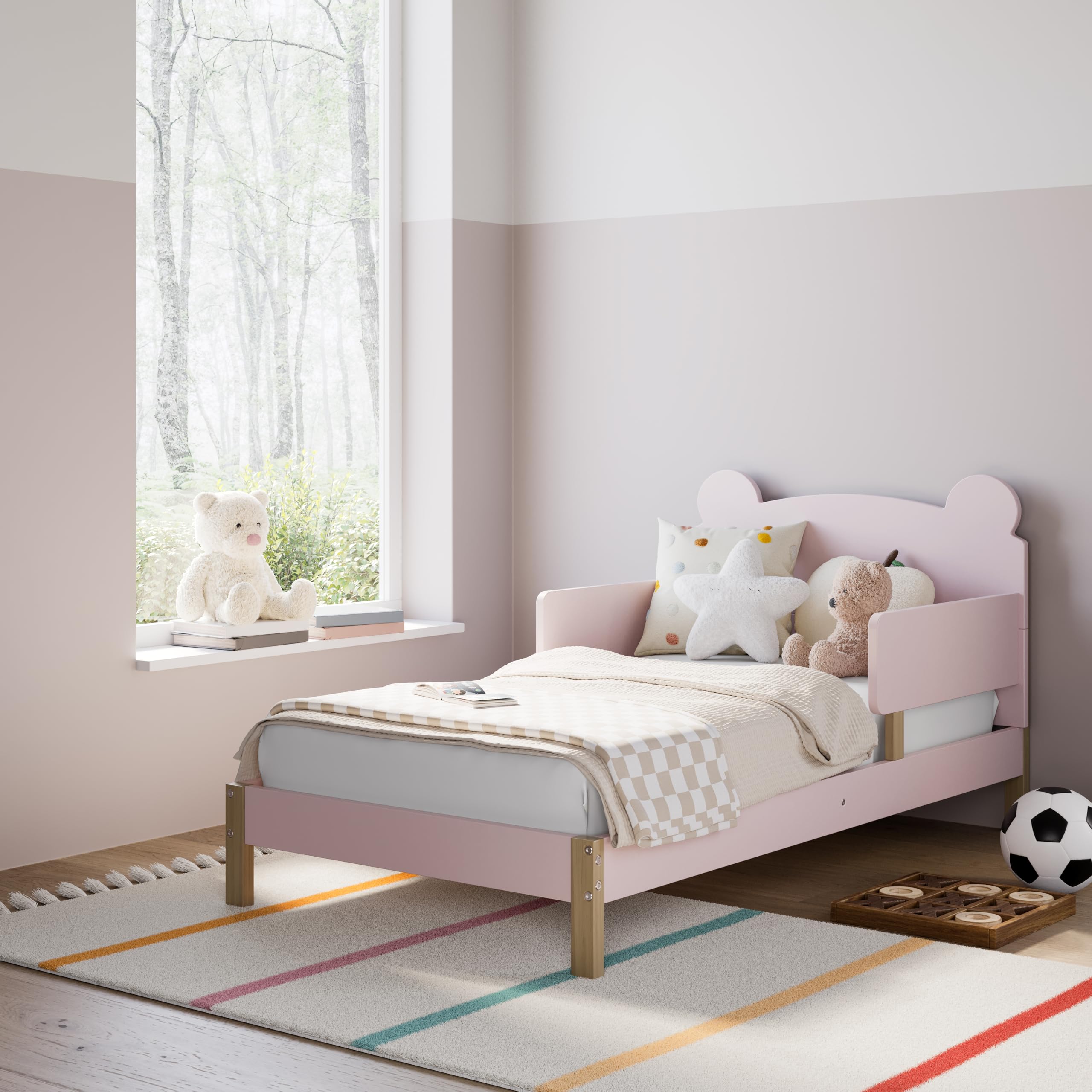 Storkcraft Teddy Bear Toddler Bed with Safety Rails - GREENGUARD Gold Certified, Blush & Driftwood 2-Tone Design, Fits Standard Crib Mattress | Cozy Nursery Furniture for Toddler's First Big Kid Bed Transition