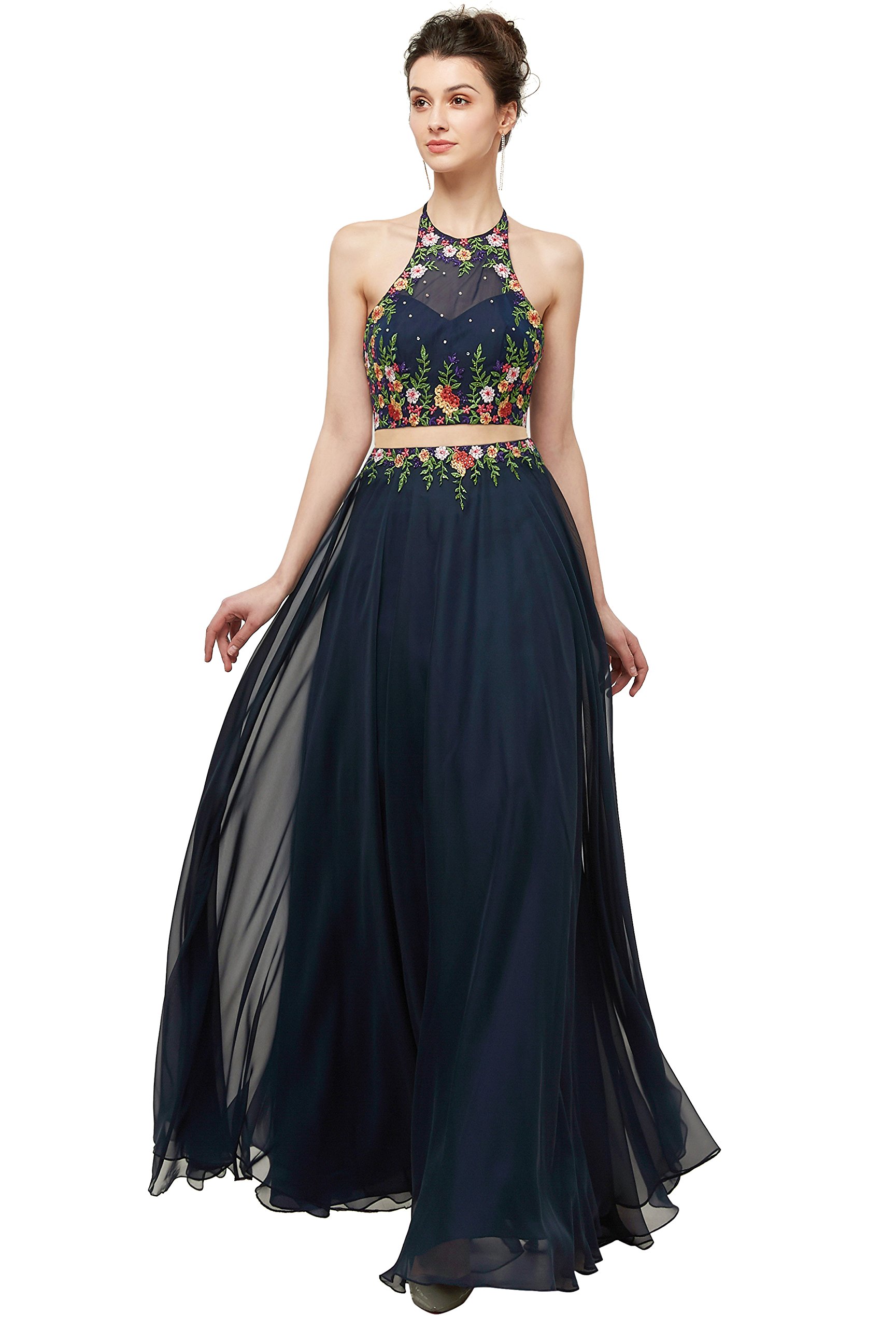 Ikerenwedding Women's Halter Embroidery Flower Beaded Chiffon Evening Dress - Elegant Formal Gown for Prom, Wedding Guest, Cocktail Party & Special Occasions