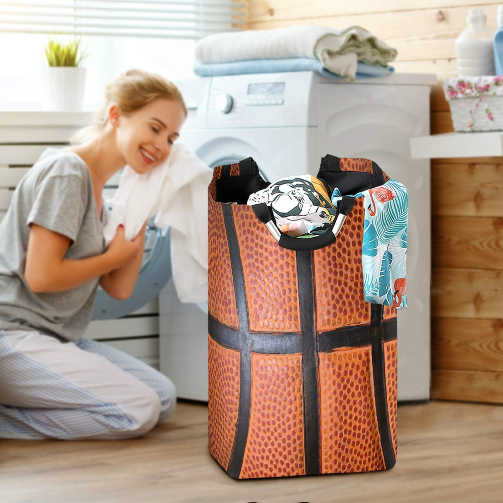 Foldable Waterproof Laundry Hamper Basket with Handles - Basketball Texture Orange Dirty Clothes Bag, Toy Storage Bin for Bathroom, Bedroom & Kids Room - Perfect for Sports Lovers & Home Organization