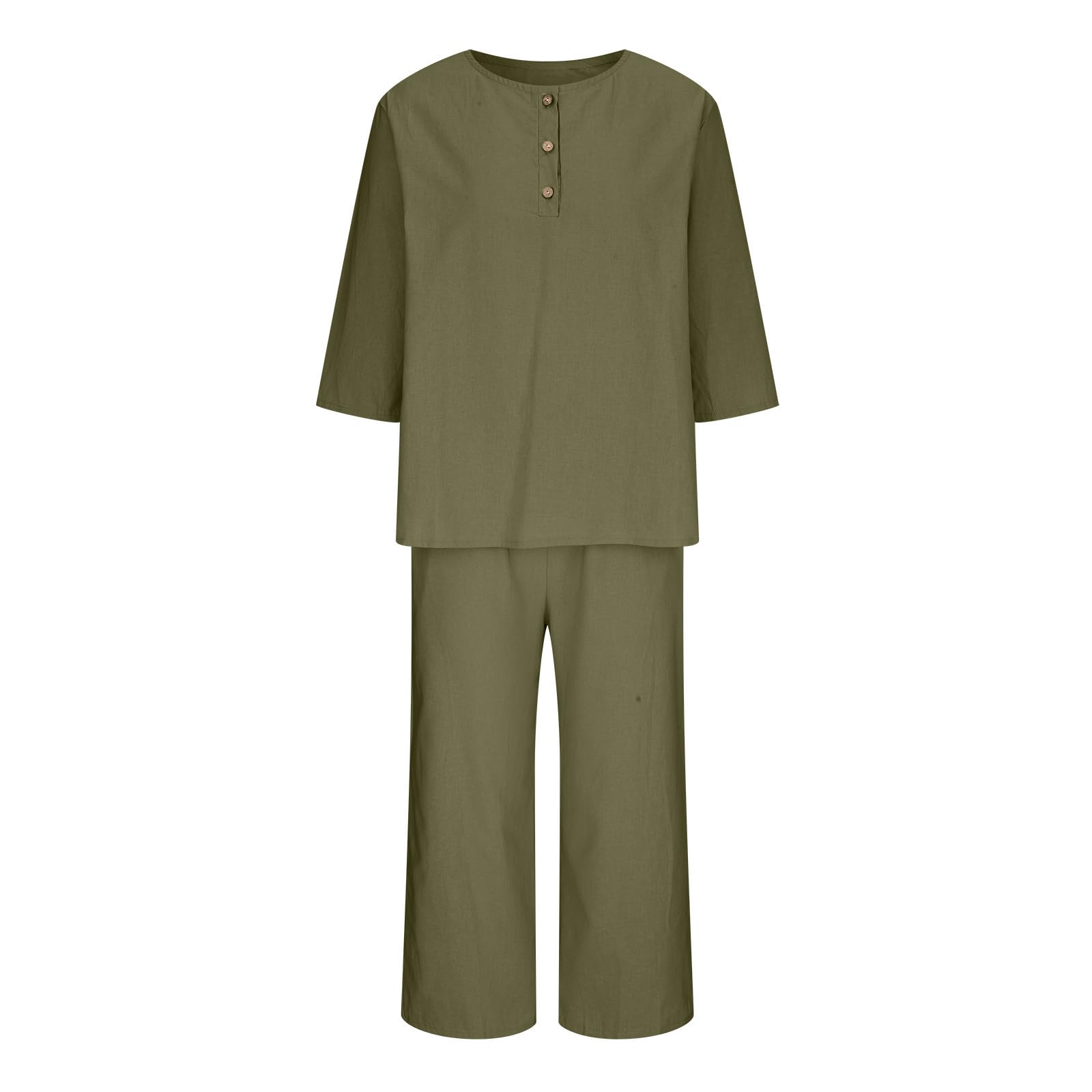 Oelaio 2024 Women's Plus Size Summer 2-Piece Outfit - Cotton Linen 3/4 Sleeve Shirt & Wide Leg Pants Lounge Set (Solid Colors) | Trendy Vacation Travel Outfit for Beach, Casual Wear & Relaxation