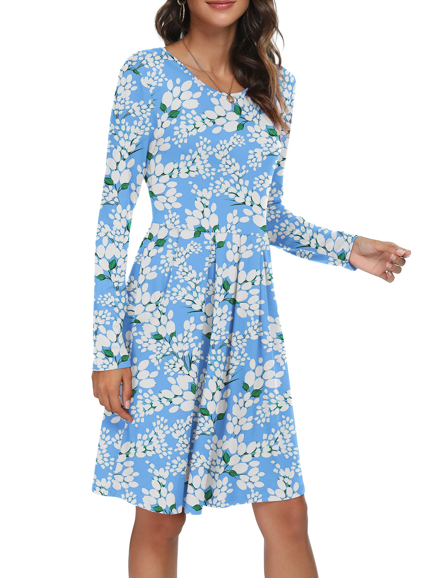 DouBCQ Women's Casual Long Sleeve Flowy Pleated Fall Dresses with Pockets | Elegant Office & Party Wear | Comfortable Daily Outfit for Autumn Season