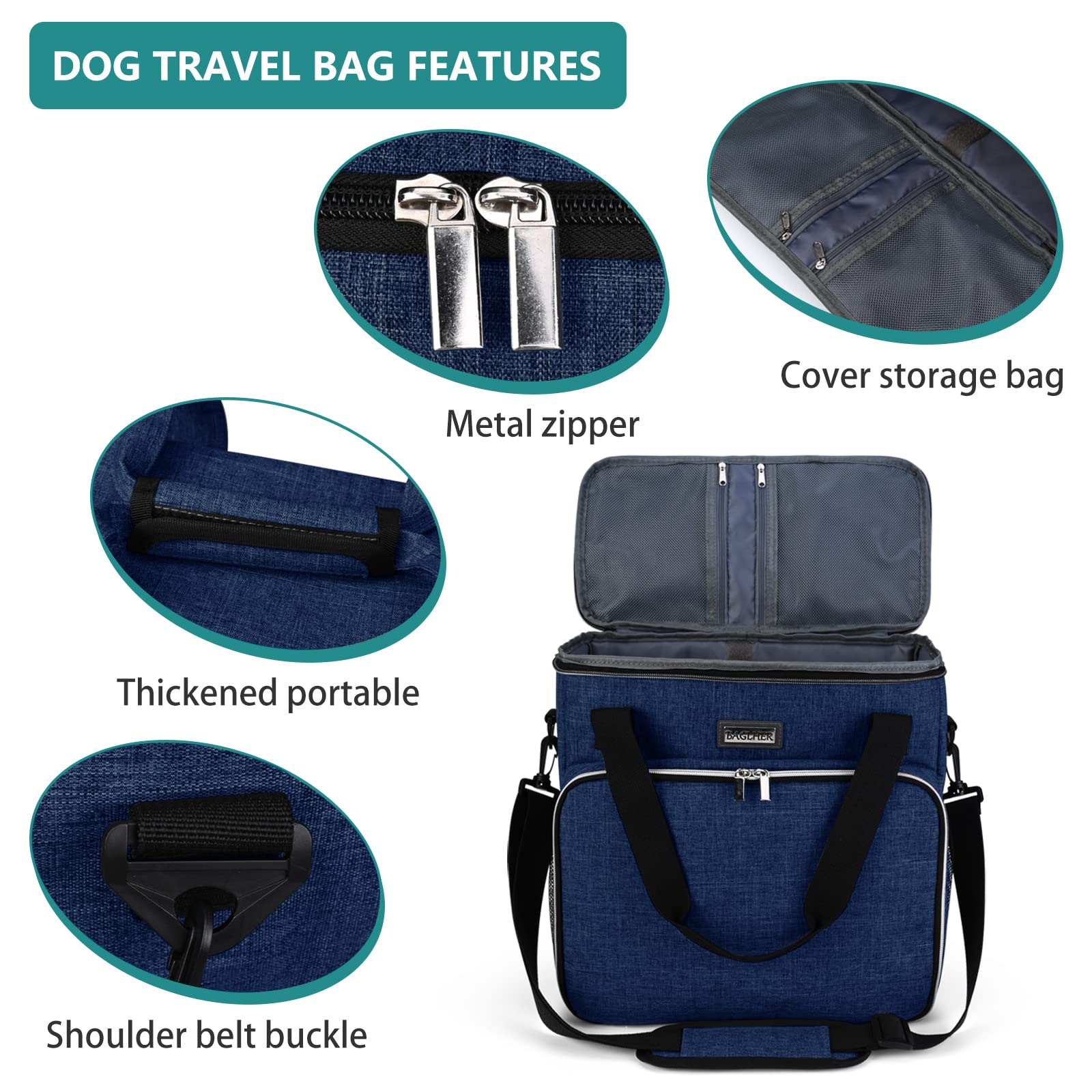 BAGLHER Pet Travel Bag with Bowls & Containers for Dogs - Dark Blue