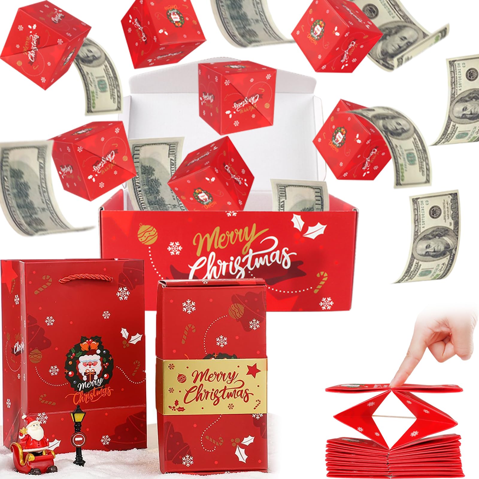 Explosion Money Gift Box - Unique Folding Pop-Up Cash Present for Christmas | Surprise Gift Box for Birthdays, Anniversaries & Holidays (12 Bounces, Red Christmas Theme)
