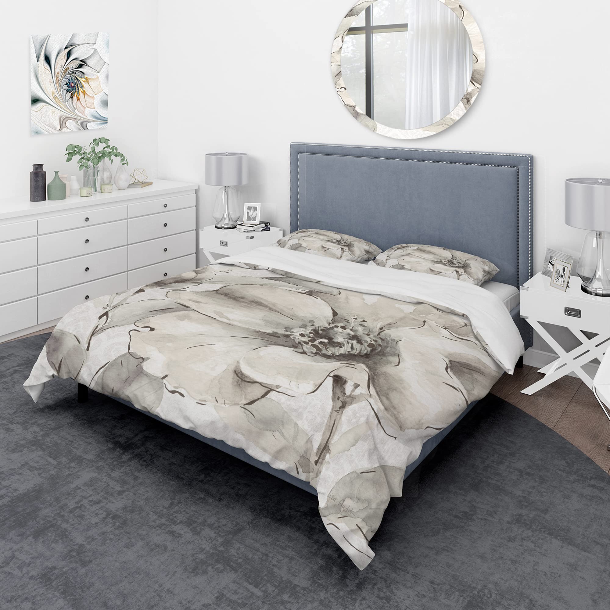 DesignQ Indigold Grey Peonies IV Traditional Duvet Cover Set - King Size Grey Floral Bedding Set (3-Piece) | All-Season Luxury Cotton Duvet Cover for Master Bedroom & Guest Room Decor