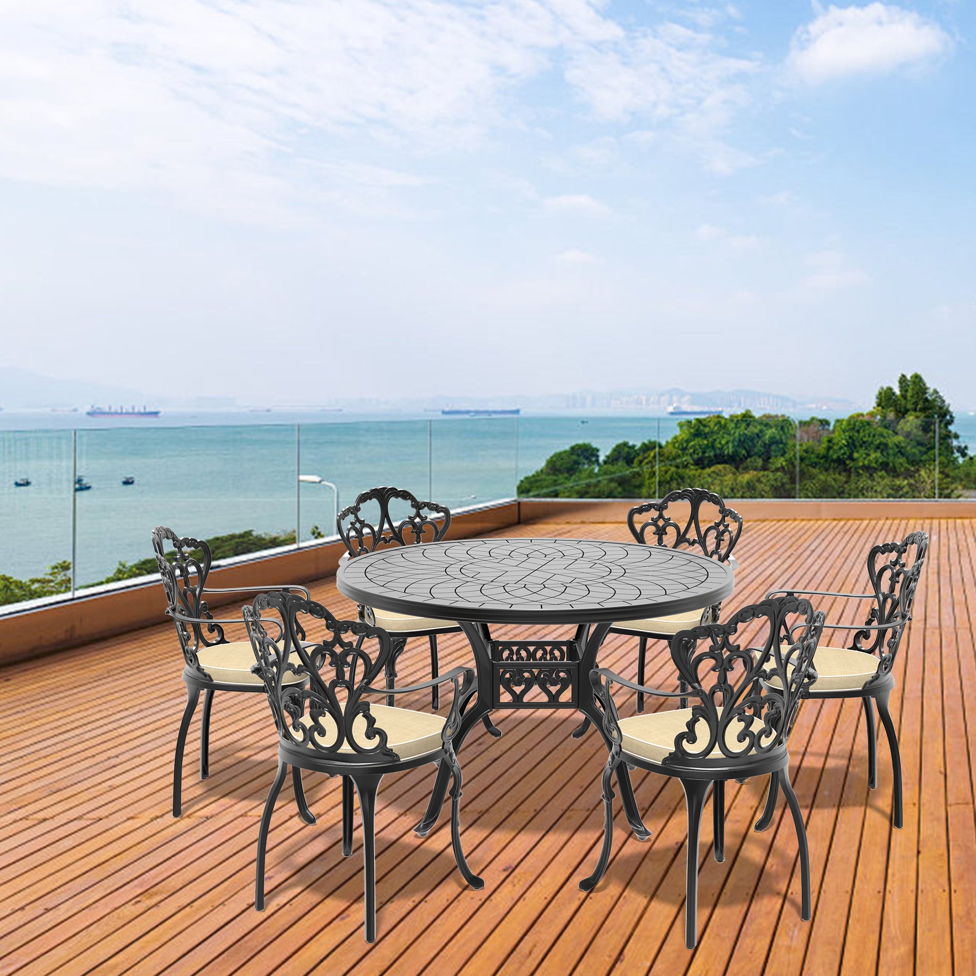 7-Piece Cast Aluminum Patio Furniture Set with Cushions (Random Colors) - Outdoor Dining & Lounge Set for Garden, Poolside, or Backyard Relaxation