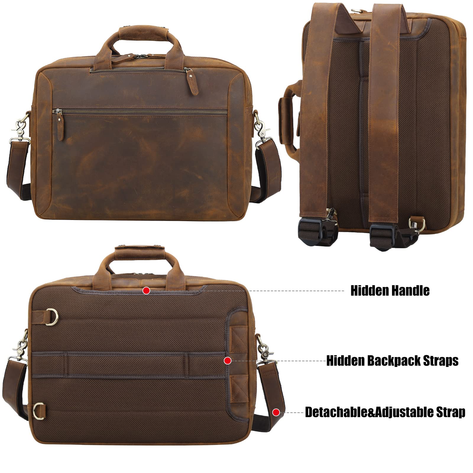 TIDING Genuine Leather 15.6 Inch Laptop Backpack - Convertible Business Briefcase & Crossbody Shoulder Messenger Bag for Men & Women (Brown) - Perfect for Office, Travel, and College Use