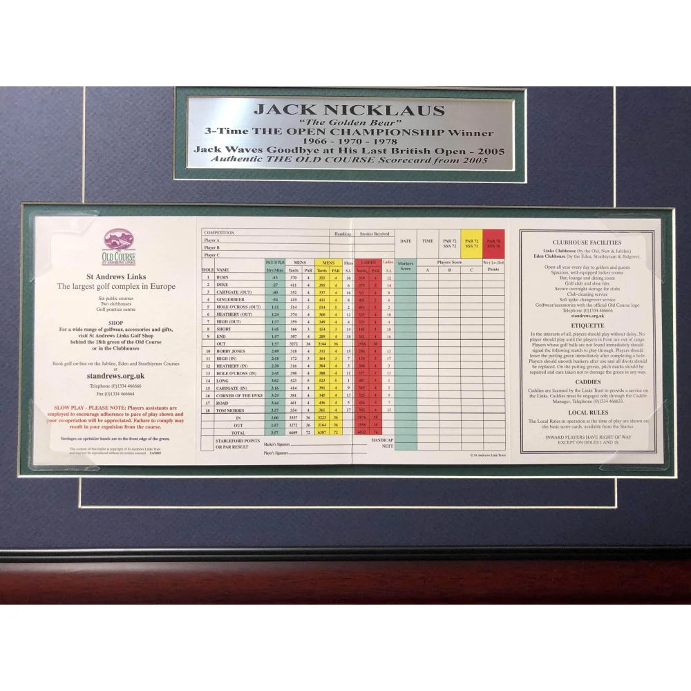 Authentic Jack Nicklaus 2005 British Open St. Andrews Old Course Framed Scorecard with COA - Golf Memorabilia for Office Decor & Sports Fan Gifts