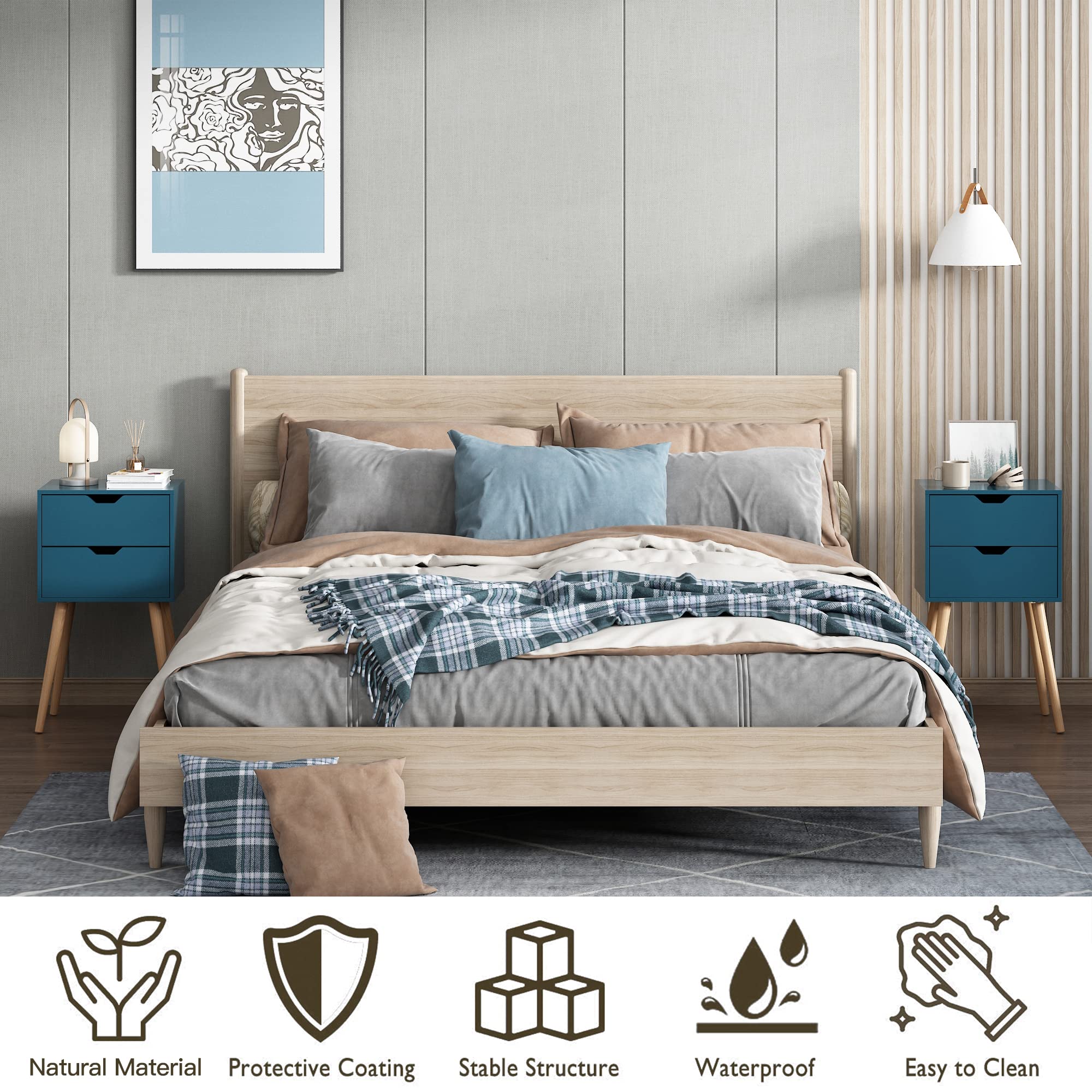 JAXPETY Nightstands Set of 2 - Modern Bedside Tables with Drawers & Solid Wood Legs, Large Storage End Tables for Bedroom (Blue) | Perfect for Small Spaces, Guest Rooms & Apartment Living