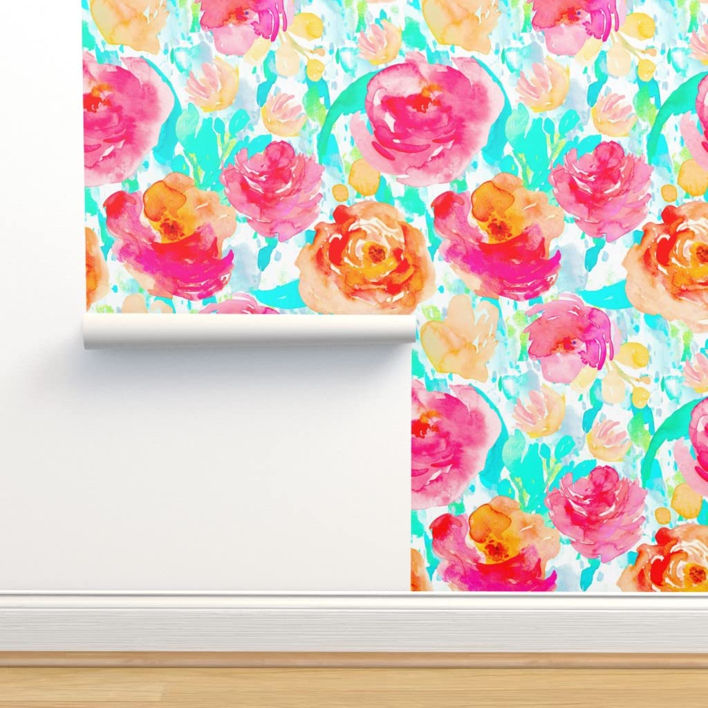 Peel & Stick Wallpaper 9ft x 2ft - Bright Floral Retro Aqua Modern Design, Removable Self-Adhesive Wallpaper for Bedroom, Living Room, Nursery & Office Decor | Easy DIY Home Improvement