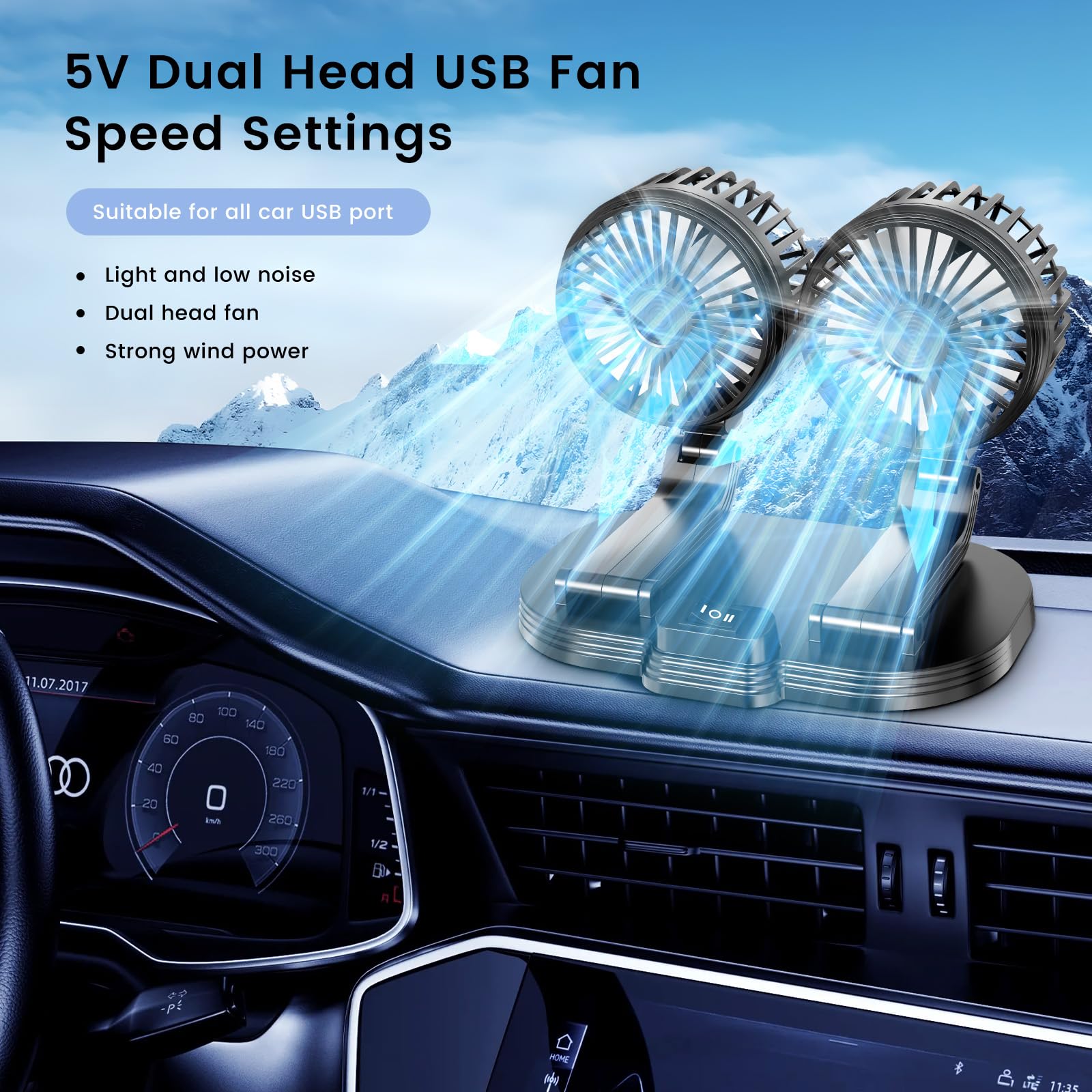 360° Rotating Dual Head USB Car Fan - Portable Cooling Fan for Dashboard with Cold Air Blow, USB Powered for SUV/RV/Truck/Sedan/Cruise/Office - Perfect for Summer Commute & Workspace Cooling