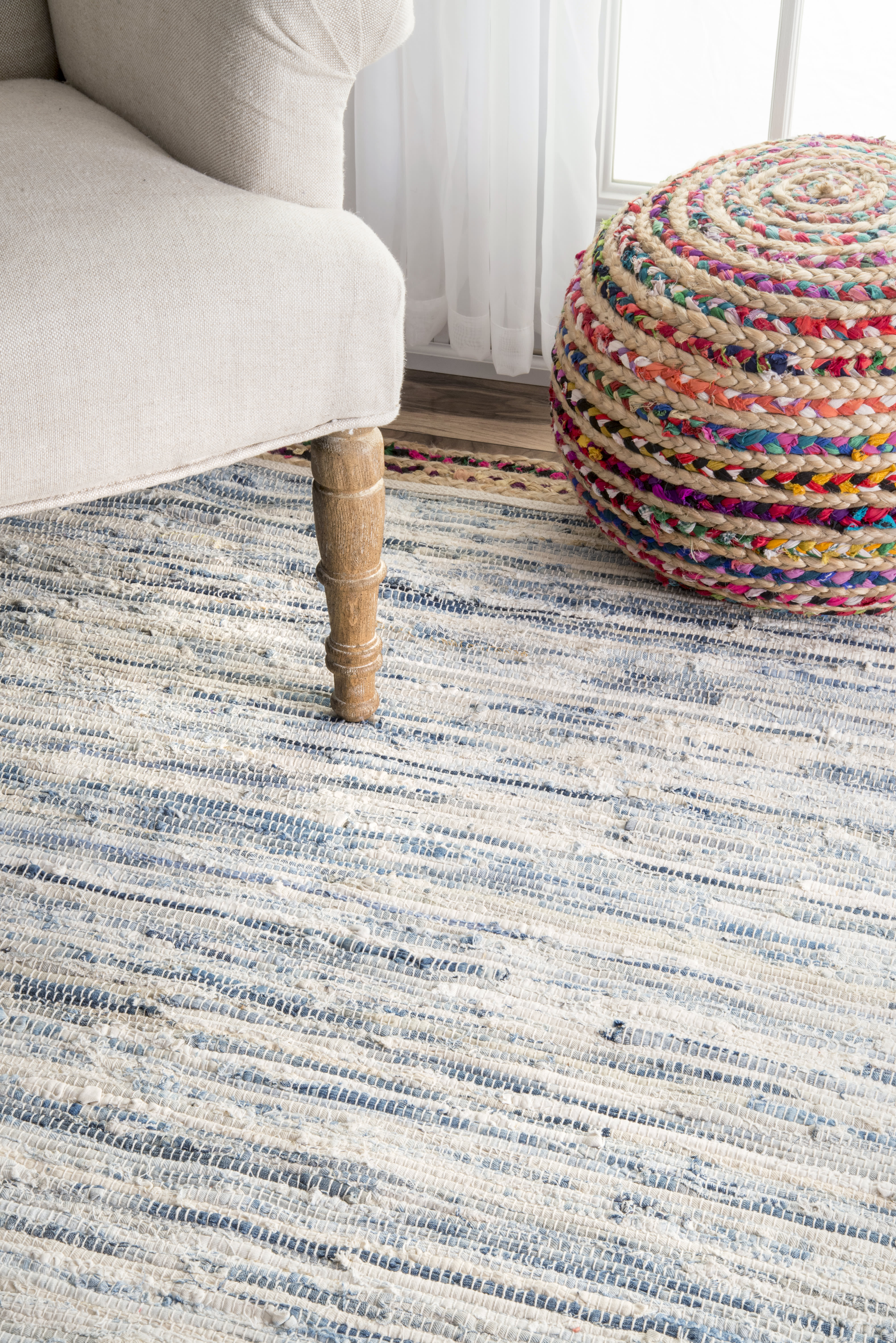 Handwoven Braided Rag Rug - Light Blue Cotton Fabric - Boho Chic Home Decor for Living Room, Bedroom, or Nursery