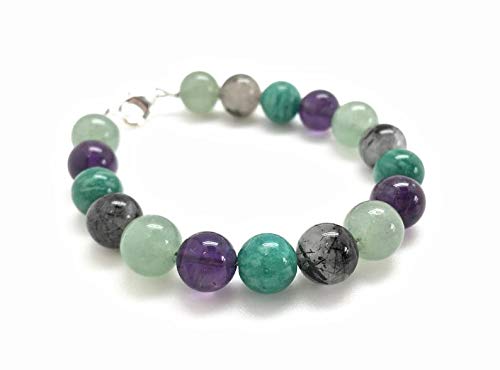 Stress Relief & Good Luck Bracelet - Amazonite, Tourmalinated Quartz, Aventurine, Amethyst Healing Crystal Bracelet for Anxiety & Positive Energy - Spiritual Jewelry Gift for Women - Perfect for Meditation, Yoga & Daily Wear