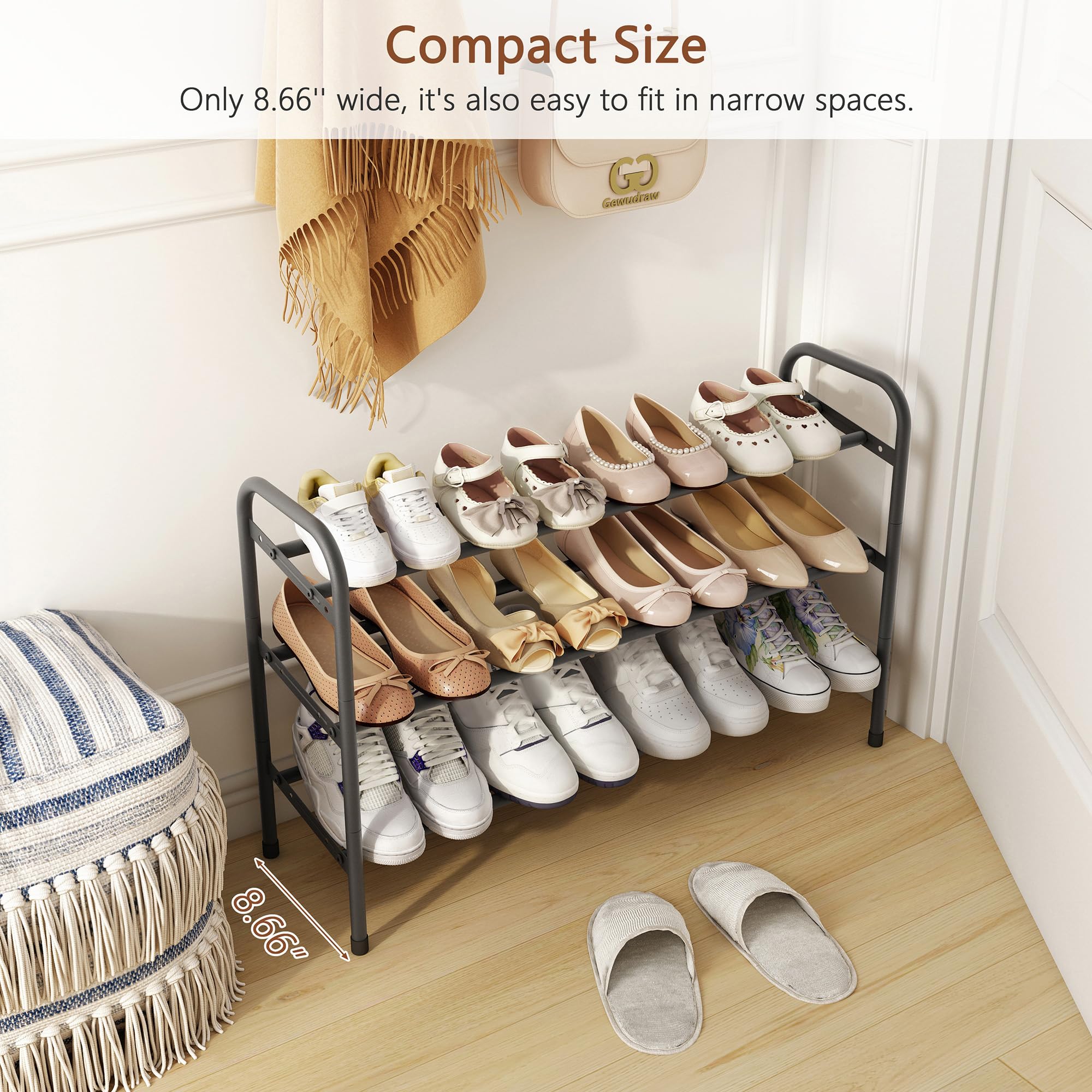 3-Tier Expandable Shoe Rack with Adjustable Width - Sturdy Metal Shoe Shelf Organizer Holds 18 Pairs of Shoes - Space Saving Shoe Storage for Bedroom, Entryway, Closet & Dorm Room - Black