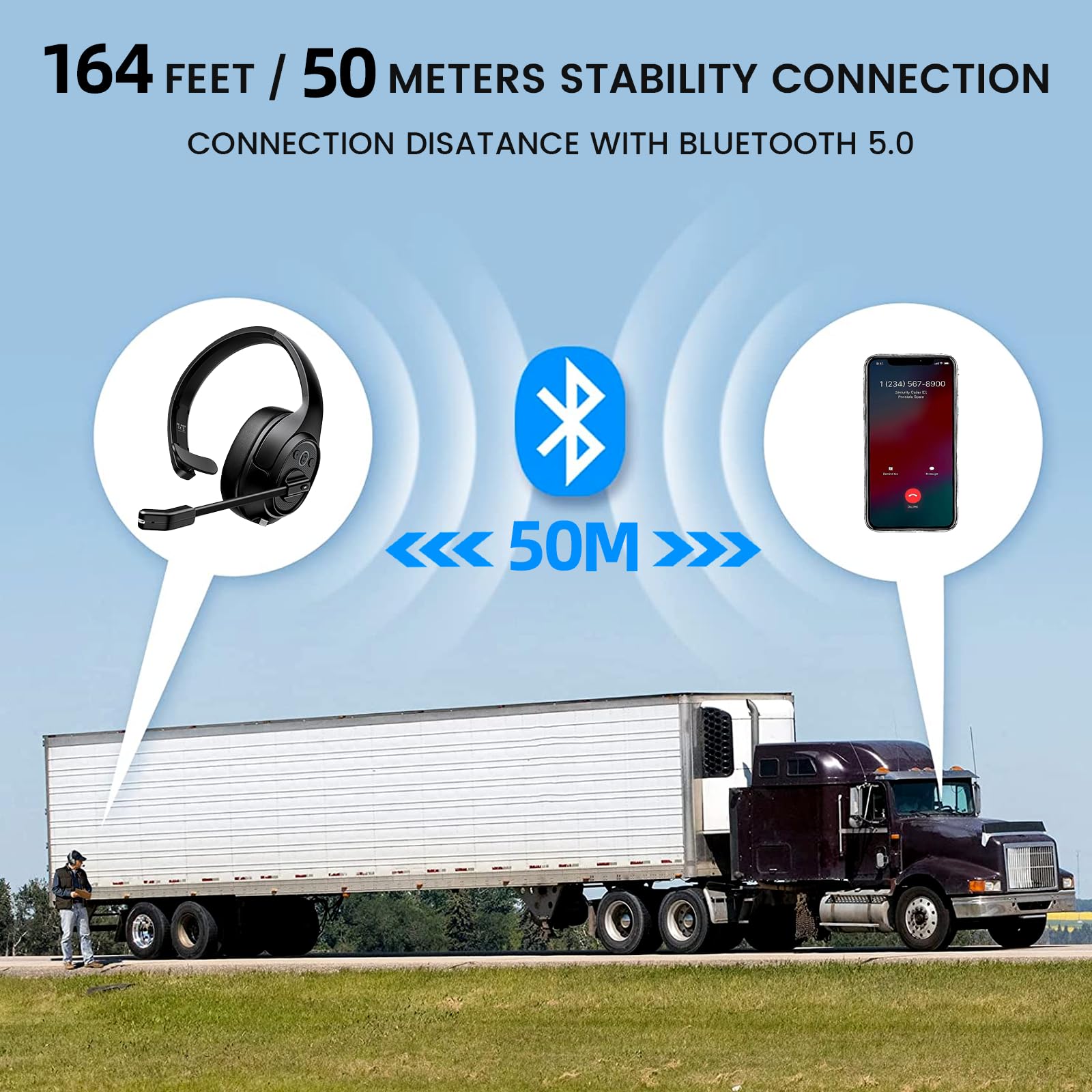 EKSA Bluetooth Trucker Headset - Wireless Headset with Noise Cancelling Mic & USB Dongle, 99ft Range, Volume Control, Single Ear Headphone for PC/Mac/Phone - Perfect for Truck Drivers, Call Centers & Online Gaming