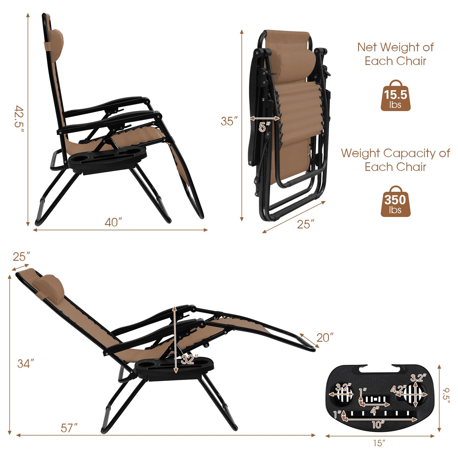 Goplus Zero Gravity Lounge Chairs - 160° Adjustable Folding Recliner with Pillow & Cup Holder, 350LBS Capacity - Comfortable Outdoor Patio Chairs for Backyard, Poolside, Beach & Camping (1-Pack, Beige) - Perfect for Relaxing, Sunbathing & Outdoor Leisure