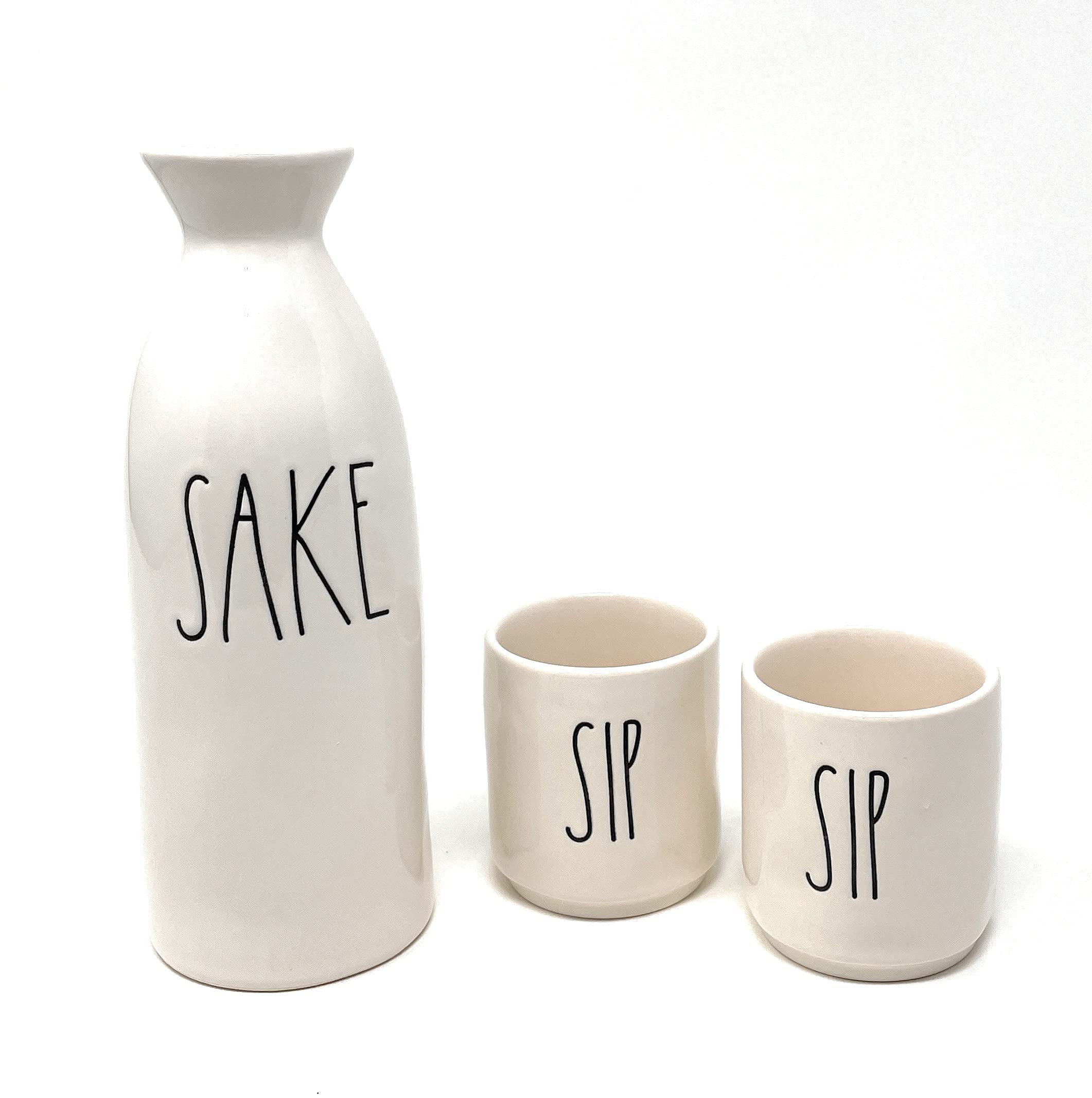 Rae Dunn Sake Pitcher and Sip Cups Set - Glossy White Ceramic Japanese Sake Serving Set for Home Bar, Dinner Parties & Asian Cuisine Entertaining