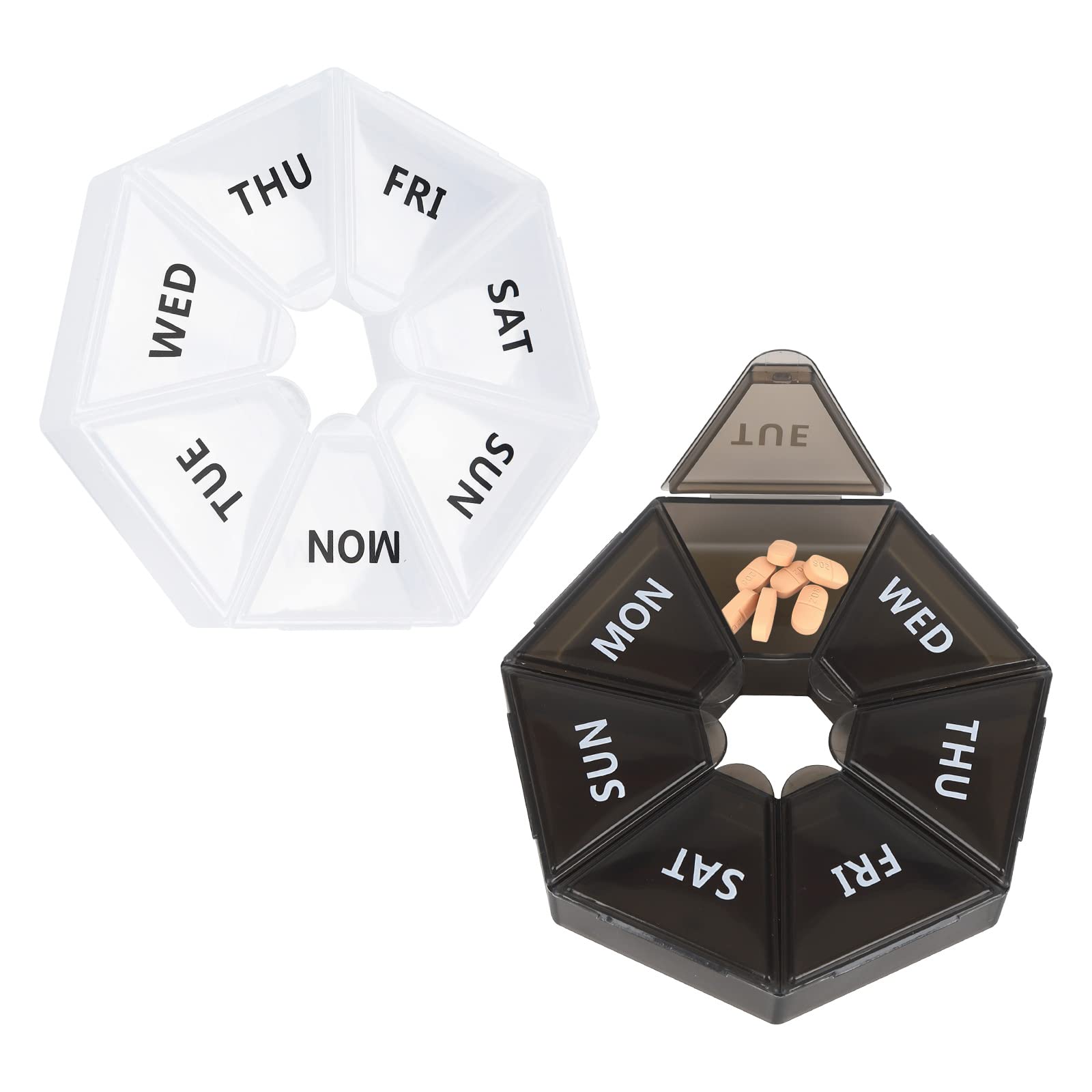 2Pcs Weekly Pill Organizer - 7 Day Travel Pill Box with 14 Compartments (2 Times Daily), Clear & Black Portable Medicine Case for Vitamins, Supplements & Medication - Perfect for Home, Office & Travel Use