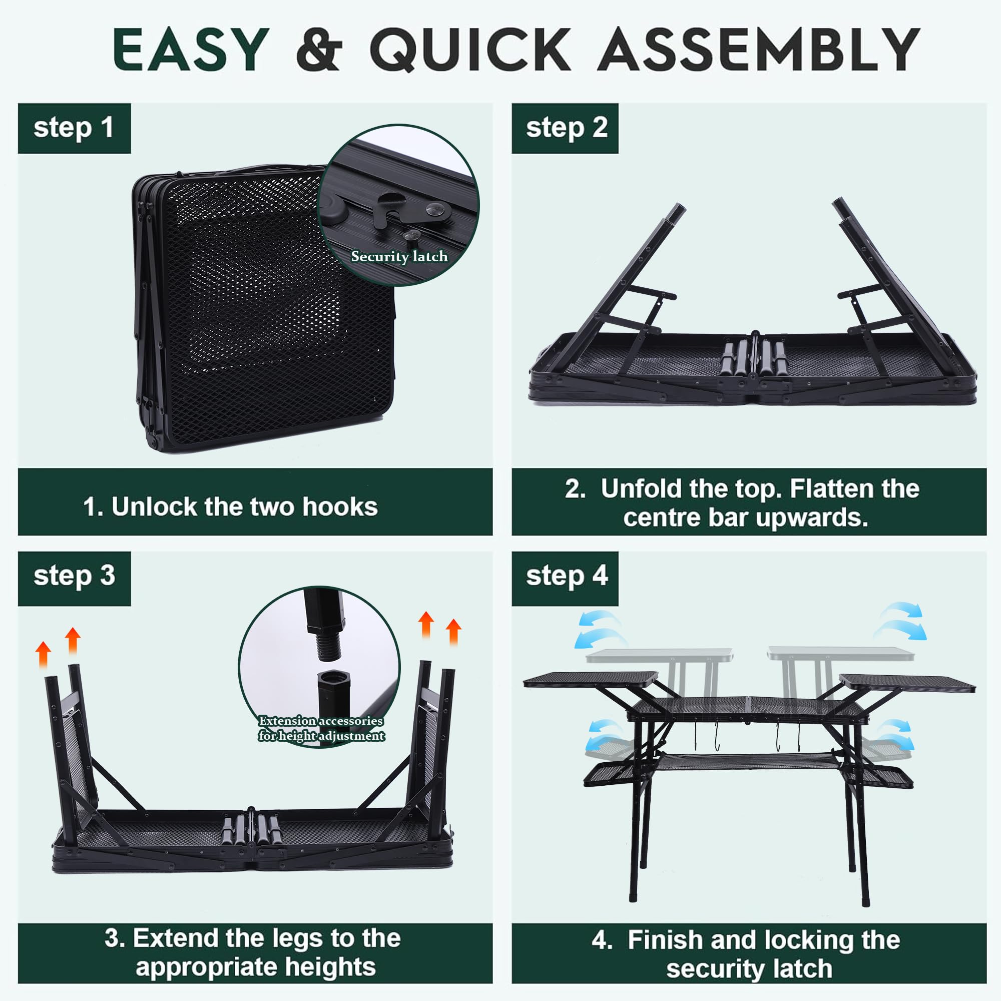Portable Folding Camping Table with 4 Side Tables & Mesh Net - Lightweight Outdoor Picnic Grill Table for BBQ, Camping, Hiking & Backyard Parties