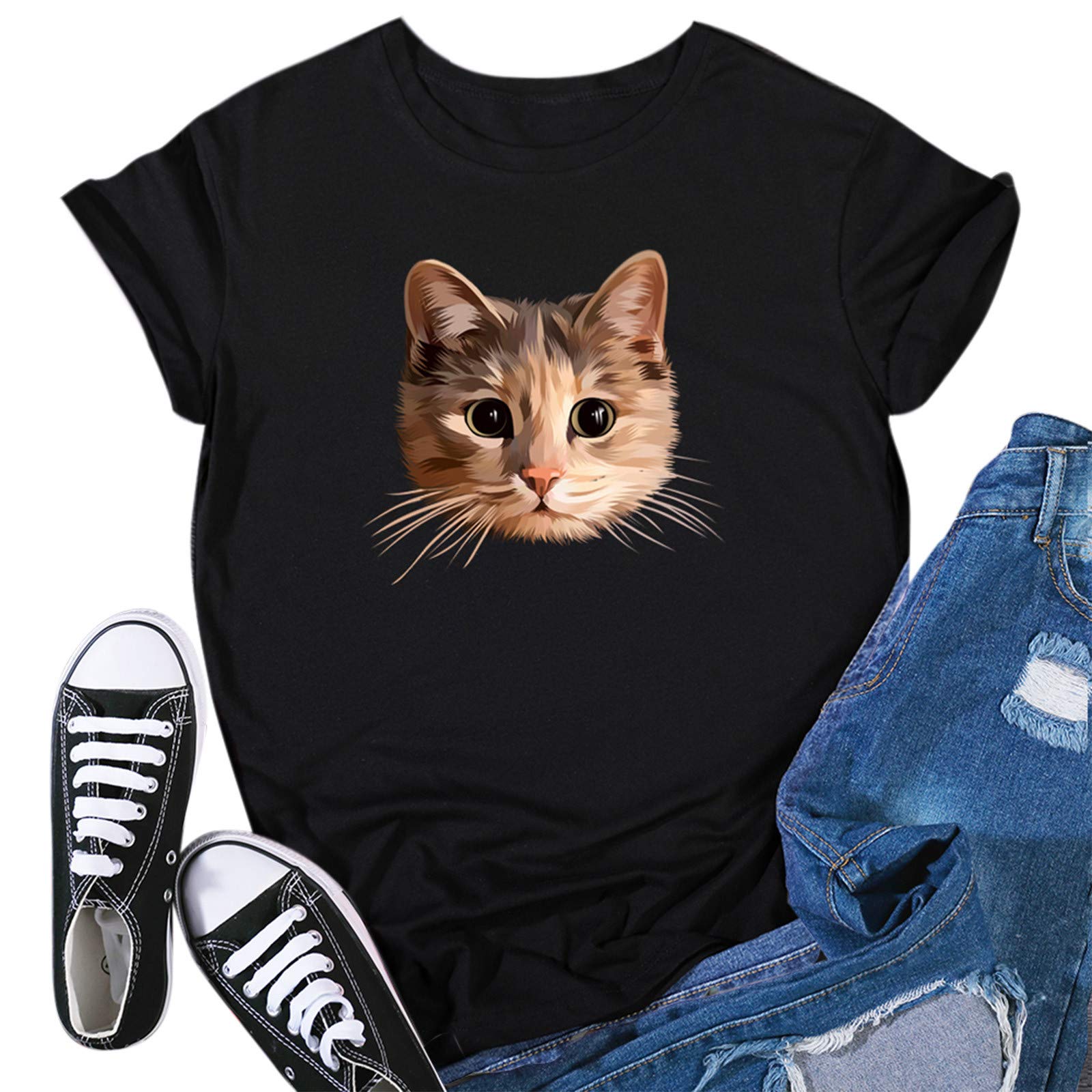 Women's Casual Cute Animal Print Short Sleeve T-Shirt - White O-Neck Pullover Top for Everyday Wear, Street Style & Summer Outfits