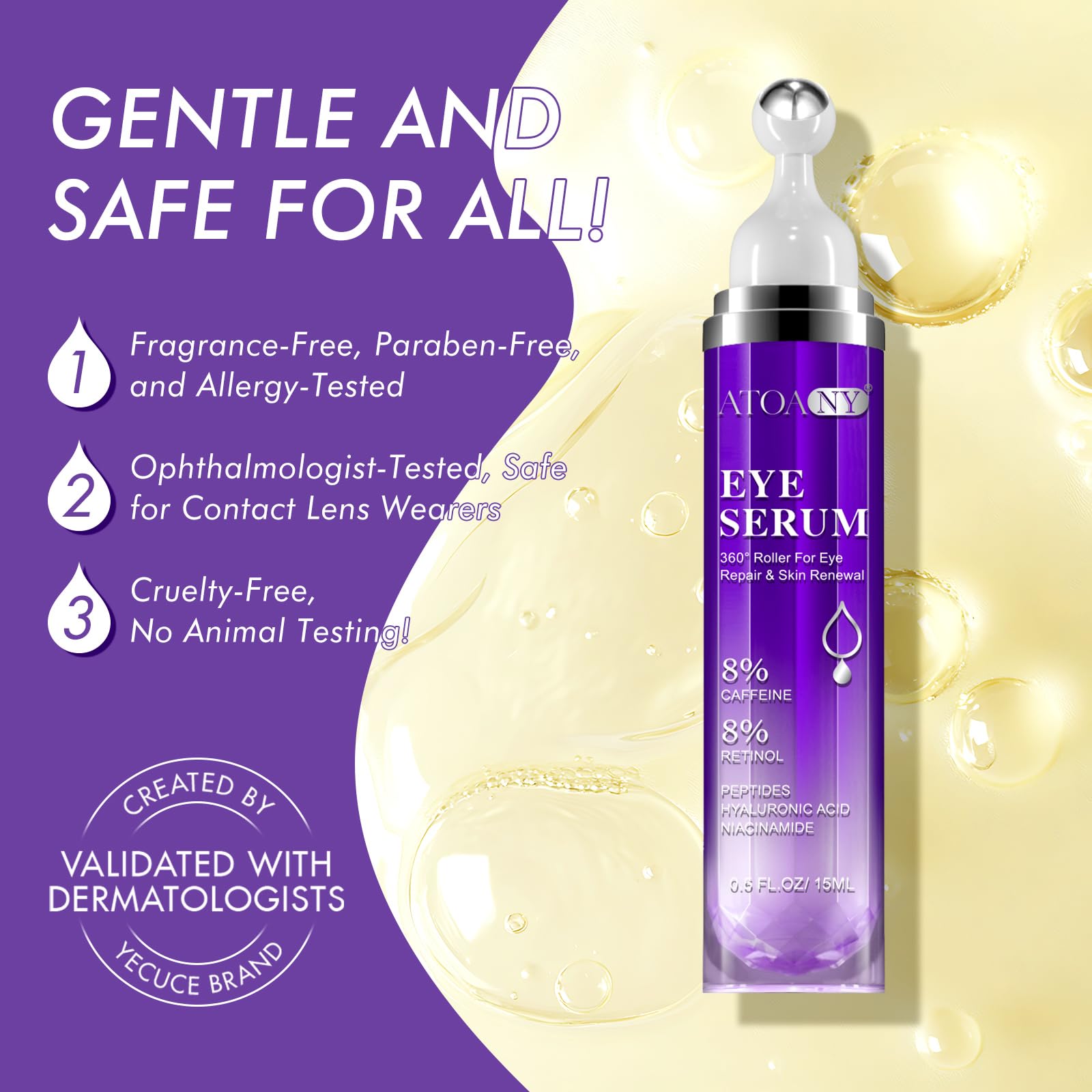 **Dark Circle & Puffy Eye Treatment Serum - 8% Caffeine, Retinol, Hyaluronic Acid, Niacinamide & Peptides - Anti-Aging Eye Cream for Fine Lines & Wrinkles - Includes 360° Eye Roller Massage Ball (0.5 fl. oz) - Perfect for Morning & Night Skincare Routine**