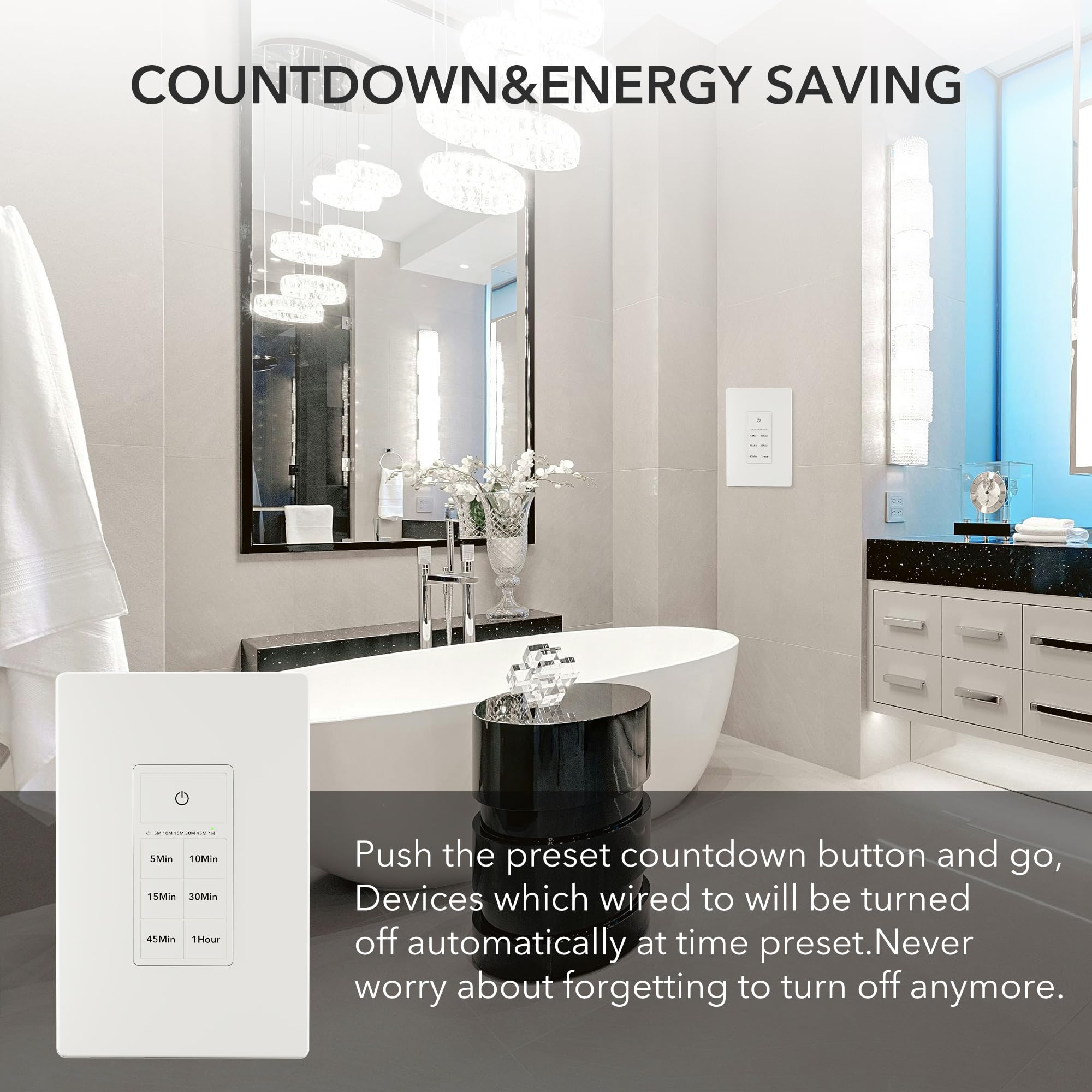 BN-LINK Digital Countdown Timer Switch for Exhaust Fan & Bathroom Light - 5/10/15/30/45/60 Minute Settings, Neutral Wire Required, Includes Free Wall Plate (White, 2-Pack) - Perfect for Bathrooms, Kitchens & Home Ventilation Systems