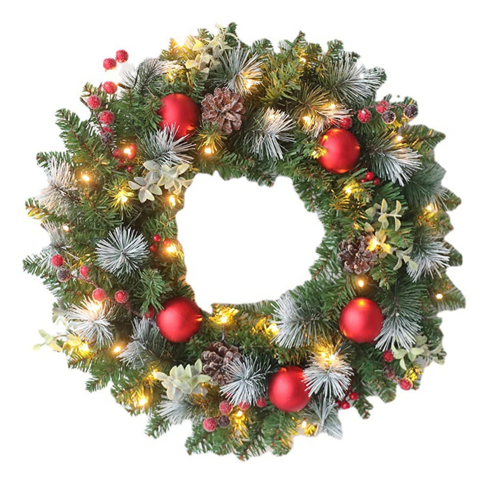 Pre-Lit Artificial Christmas Wreath with Pine Cones, Berries & Frosted Branches - 16in/40cm LED Front Door Decor for Indoor/Outdoor Use - Perfect for Holiday Home, Window & Porch Decoration
