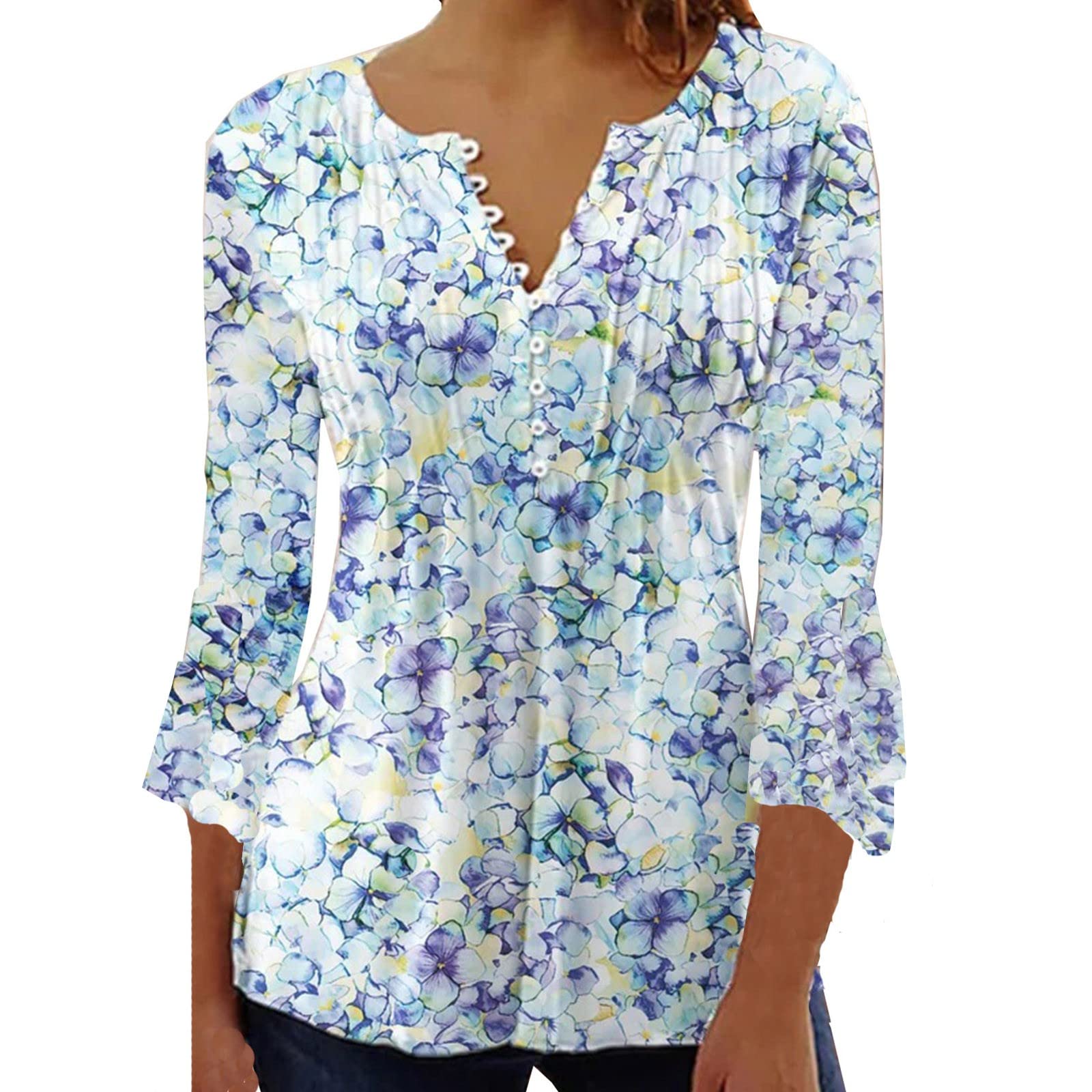 Women's Summer Tops - Casual 3/4 Flounce Sleeve V-Neck T-Shirts with Vintage Floral Print & Henley Button Down | UK Fashion Pleated Tunic Blouses for Leggings | Perfect for Casual Outings, Office Wear & Summer Vacations