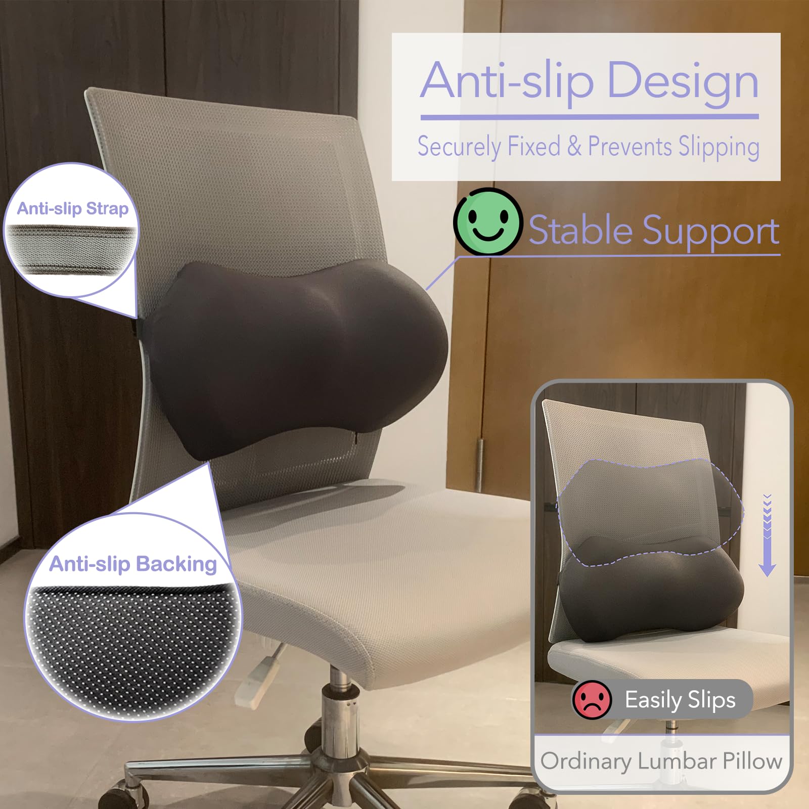 Ergonomic Memory Foam Lumbar Support Pillow for Car Seat, Office Chair & Recliner - Lower Back Pain Relief Cushion for Driving, Working & Relaxing at Home or Office