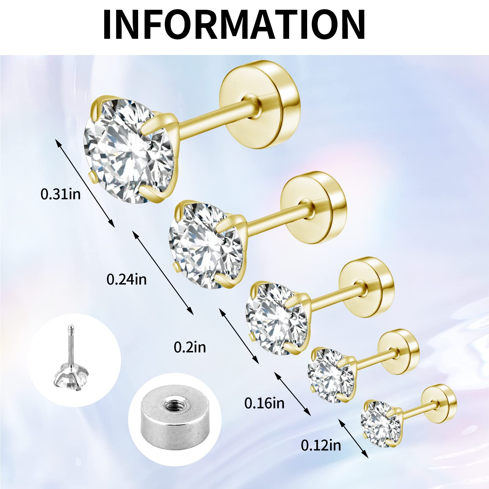 5 Pack Tiny Cartilage Stud Earrings for Women & Men - 3-8mm Flat Back CZ Screw Back Hypoallergenic Helix Piercing Jewelry in Gold | Perfect for Daily Wear, Gifts & Professional Settings