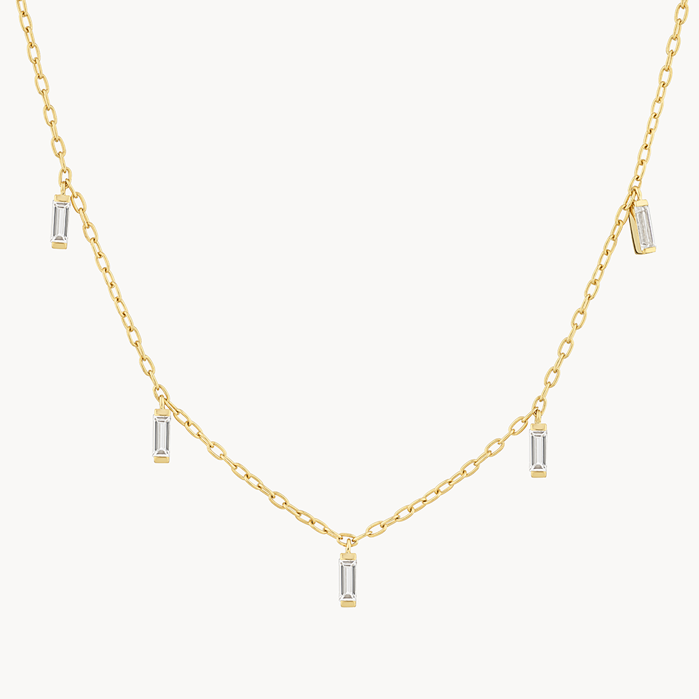 14K Gold White Topaz Baguette Drop Chain Necklace - Elegant Dainty Jewelry for Women, Perfect for Weddings, Parties & Everyday Wear