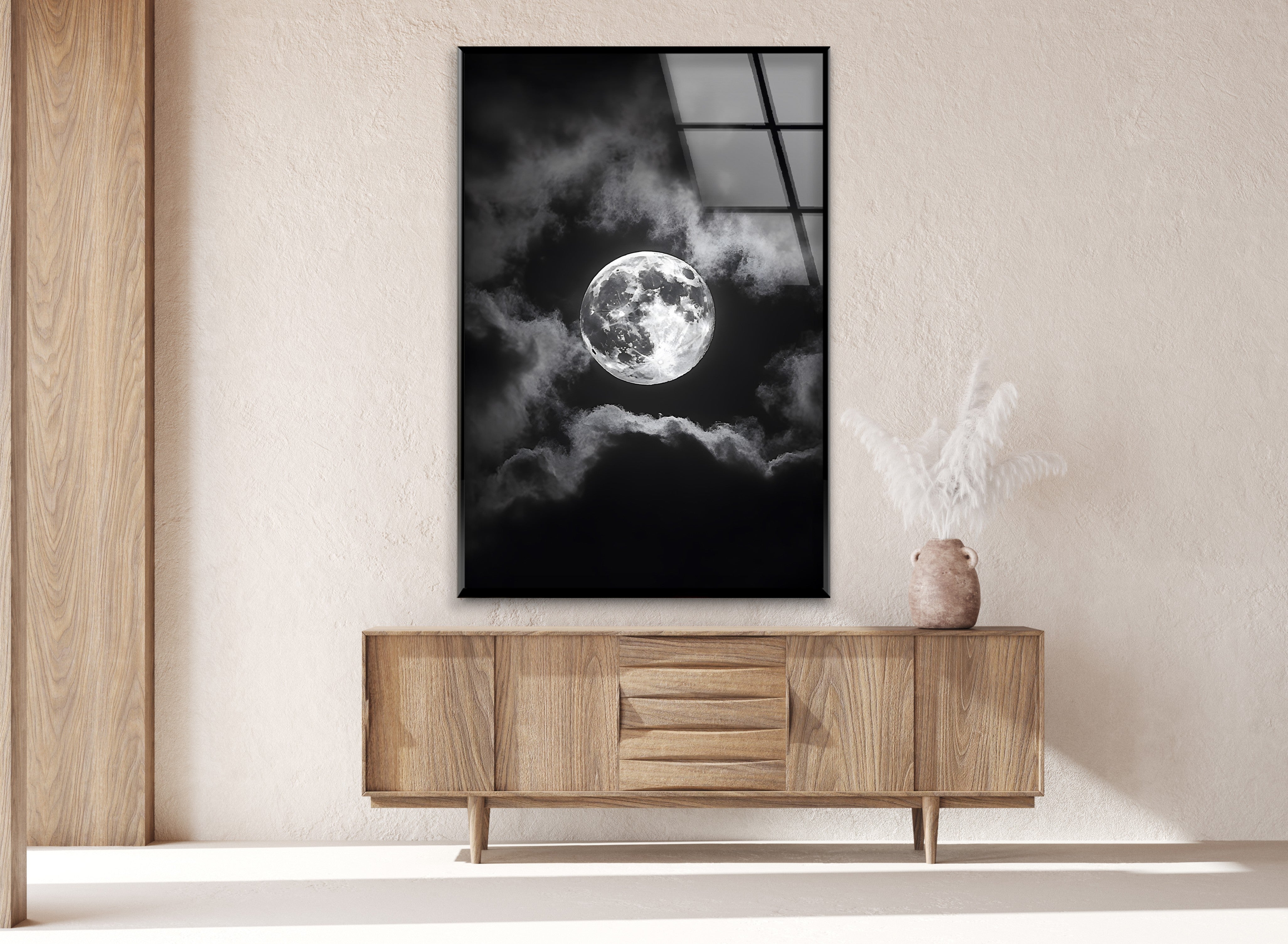 Black and White Moon Wall Art - Stunning Night Sky Scene Printed on Glass Canvas - Perfect for Living Room, Bedroom & Office Decor