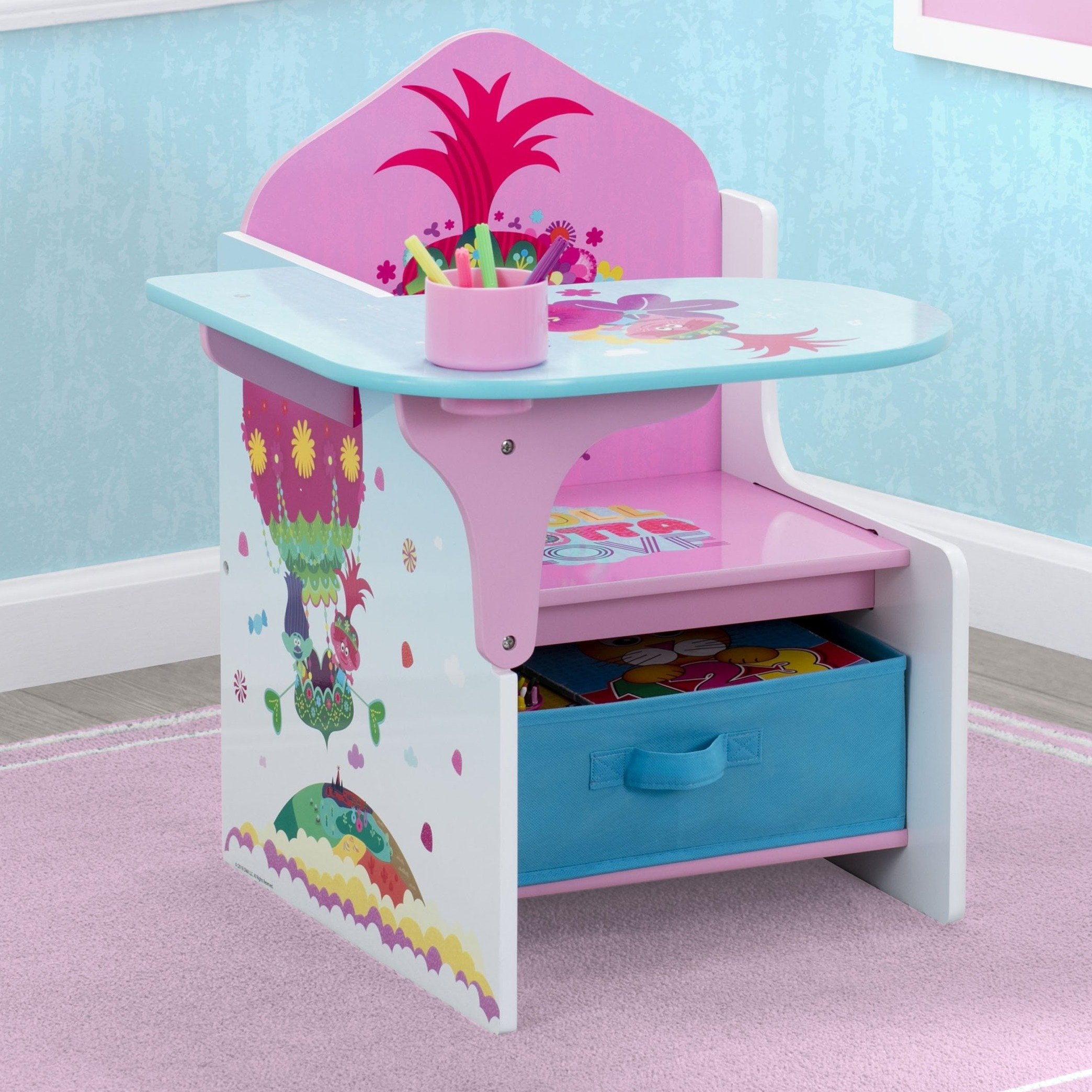 Trolls World Tour Kids Chair with Storage Desk - Portable Study Table for Children's Room, Playroom, and Classroom - Perfect for Reading, Drawing, and Homework