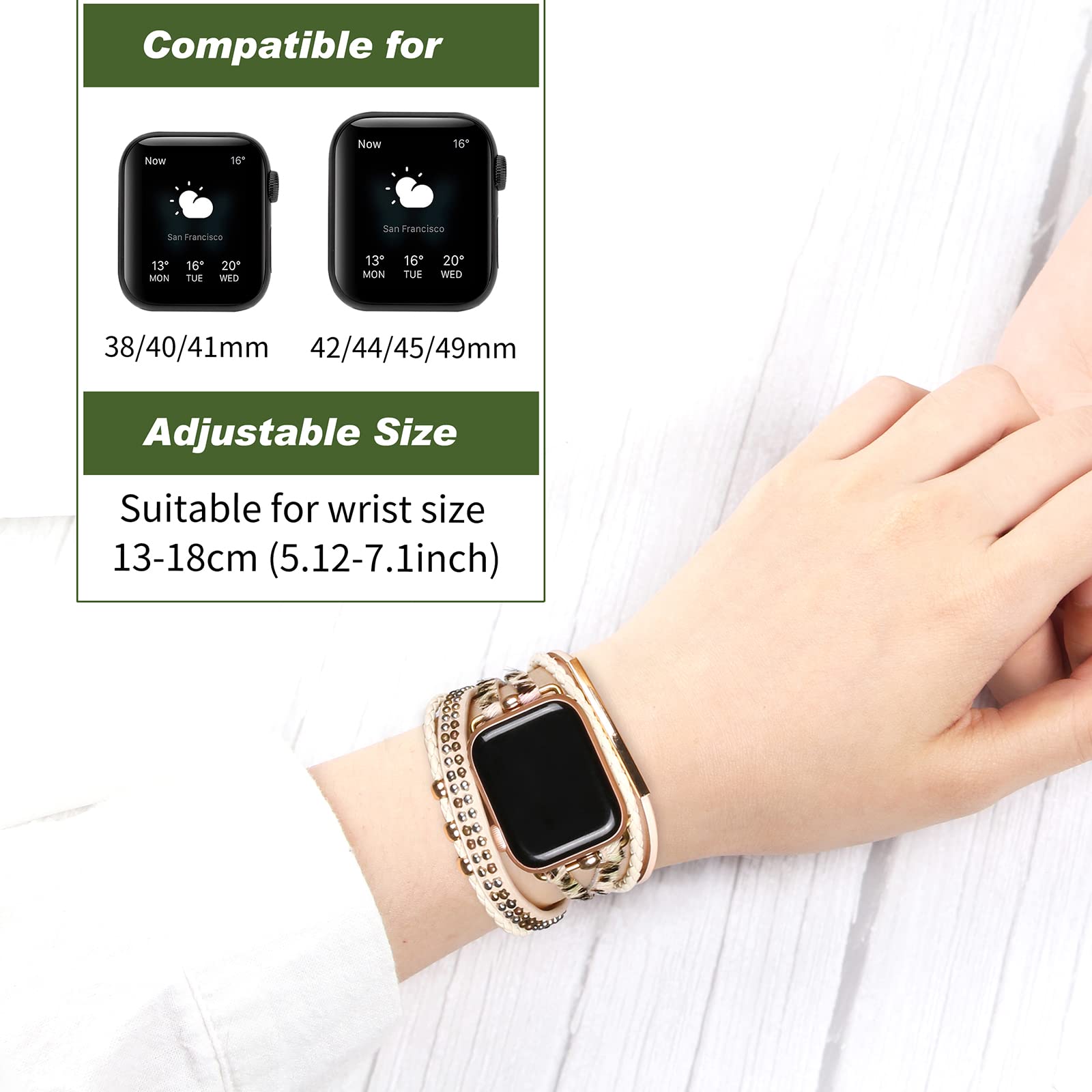 Boho Leather Apple Watch Band Compatible with Series 10/9/8/7/6/SE/Ultra 2/5/4/3/2/1 - Adjustable Wrap Strap for 38mm 40mm 41mm 42mm 44mm 45mm 46mm 49mm - Fashionable Unisex Bracelet for Workout, Office & Casual Wear