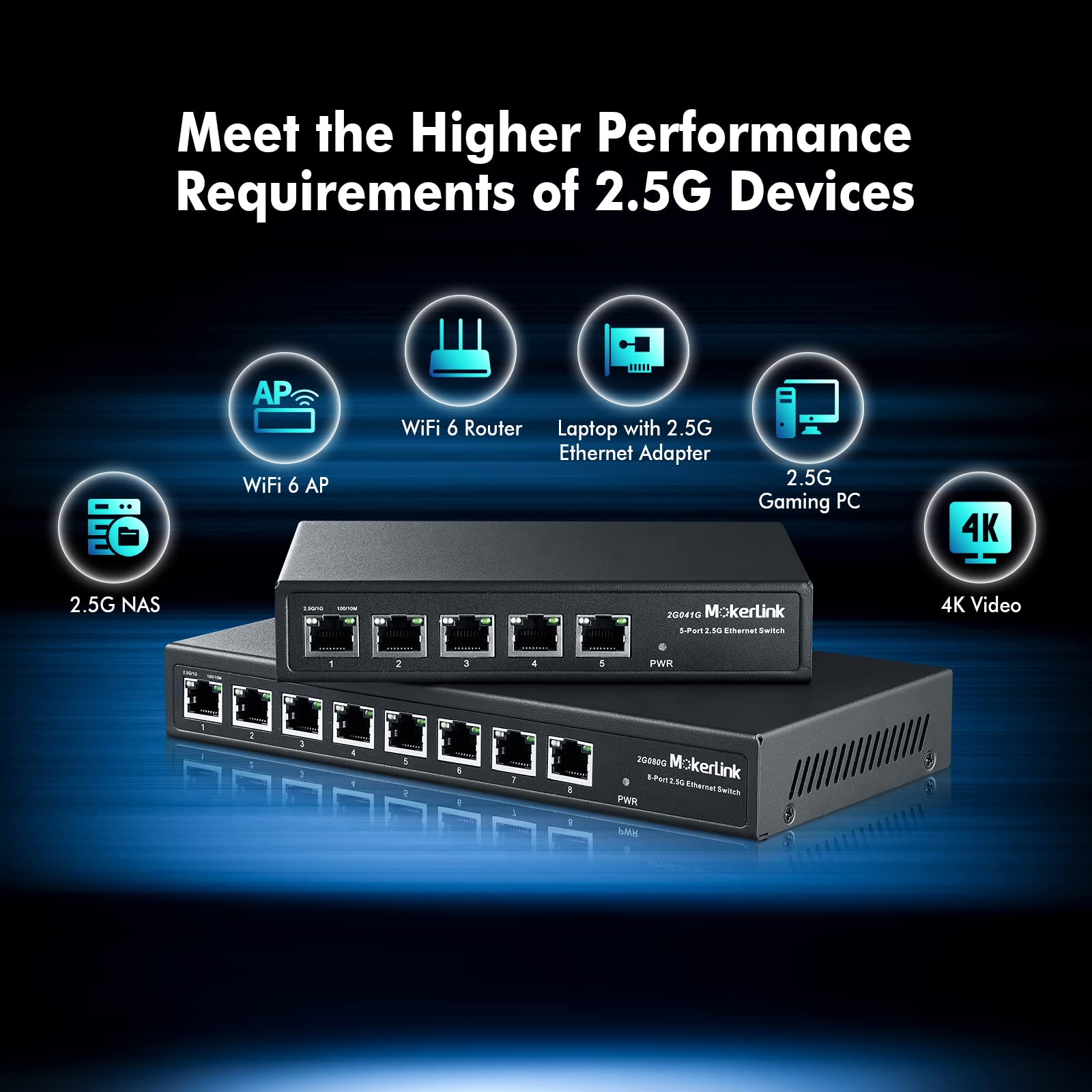 MokerLink 8-Port 2.5G Ethernet Switch - 8 x 2.5GBASE-T Ports, 10/100/1000Mbps Compatible, Metal Unmanaged Fanless Network Switch for Home Office, Gaming & Media Streaming
