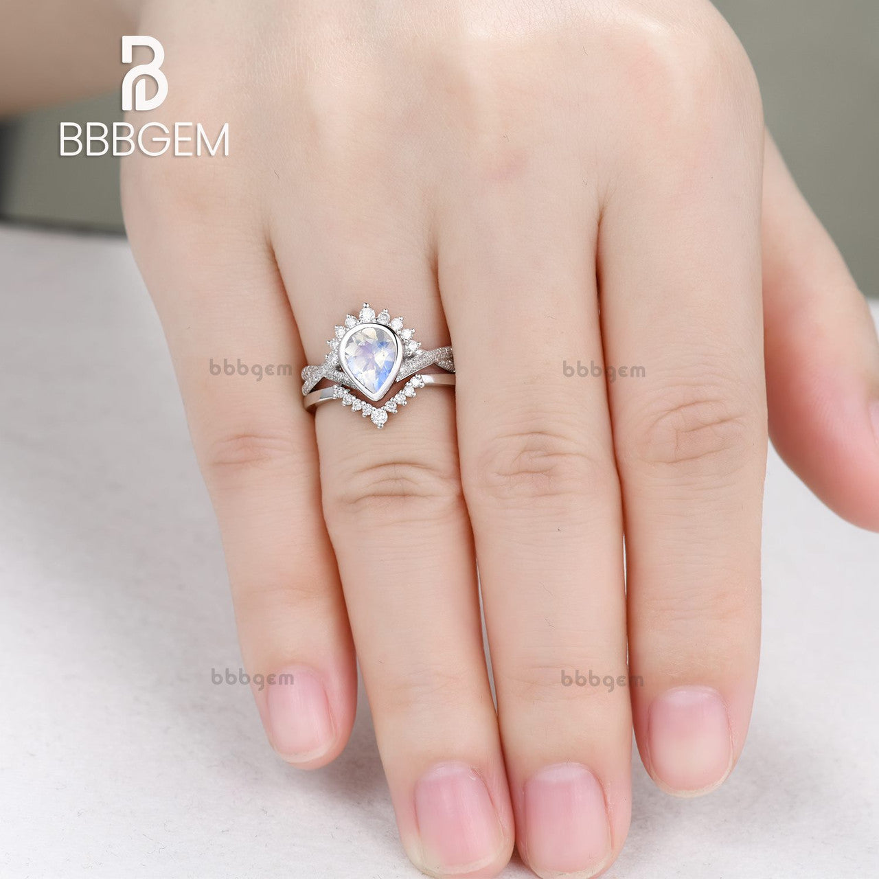 1 Carat Pear Shaped Moonstone Engagement Ring Set with Rose Gold Diamond Wedding Band - Perfect for Bridal Jewelry, Anniversary Gifts & Romantic Proposals