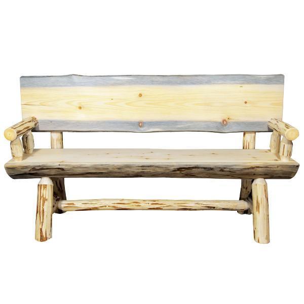 Montana Half Log Bench with Back & Arms - Rustic Outdoor Wooden Bench for Patio, Garden, and Backyard - Perfect for Relaxing, Camping, and Picnics