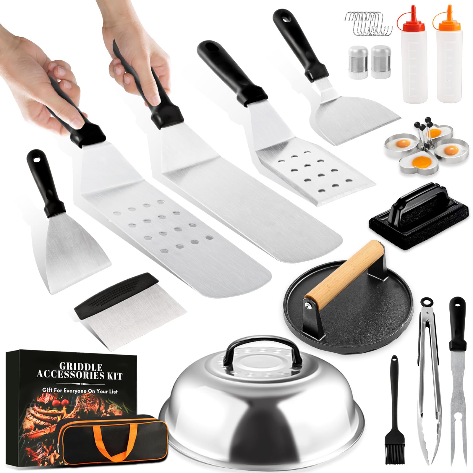 29PCS Blackstone Griddle Accessories Kit - Premium Flat Top Grill Tools Set with Spatulas, Burger Press, Basting Cover & Scraper - Perfect for Camp Chef, Outdoor Cooking & BBQ Gifts for Men (Includes Carry Bag) - Ideal for Backyard Grilling, Camping & Tailgating Parties