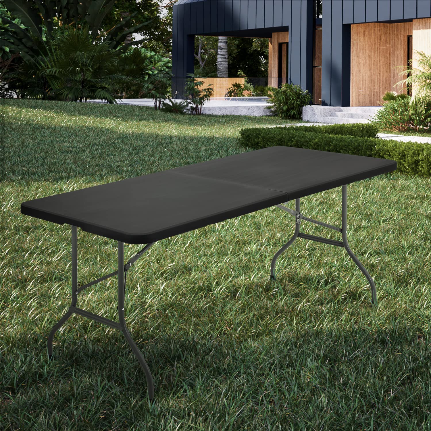 MoNiBloom 6Ft Folding Table - Heavy Duty Portable Plastic Dining Table with Handle & Lock, Fold in Half for Indoor Outdoor Use - Perfect for Camping, Picnic, Party, BBQ, and Home Office (Black)
