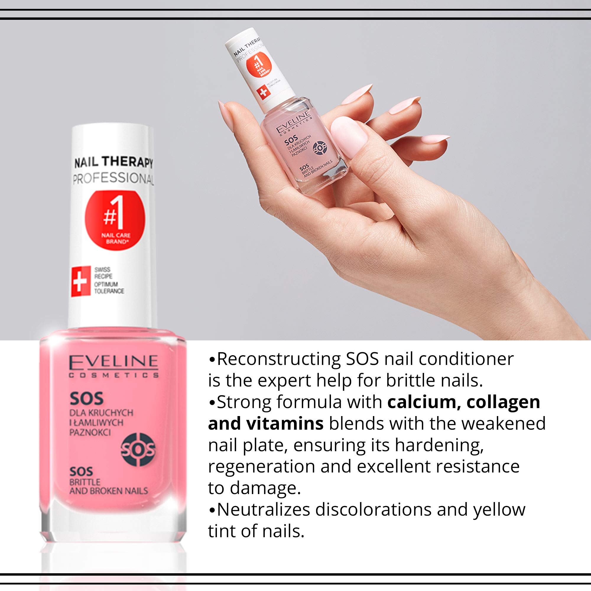 Eveline Cosmetics SOS Brittle & Broken Nail Treatment - Multivitamin Nail Strengthener for Weak, Damaged Nails | Professional Nail Care Solution for Stronger, Healthier Nails at Home or Salon