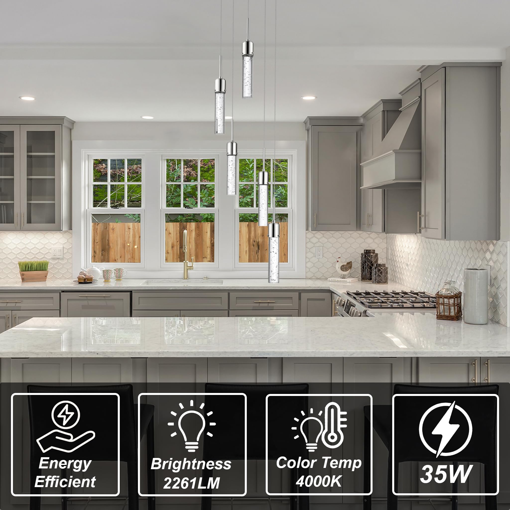 Modern LED Pendant Light - Adjustable Crystal Bubble Ceiling Fixture for Kitchen Island, Dining Room & Living Room | Chrome Finish 4000K Warm White | Perfect for Entryway, Bedroom & Office Lighting