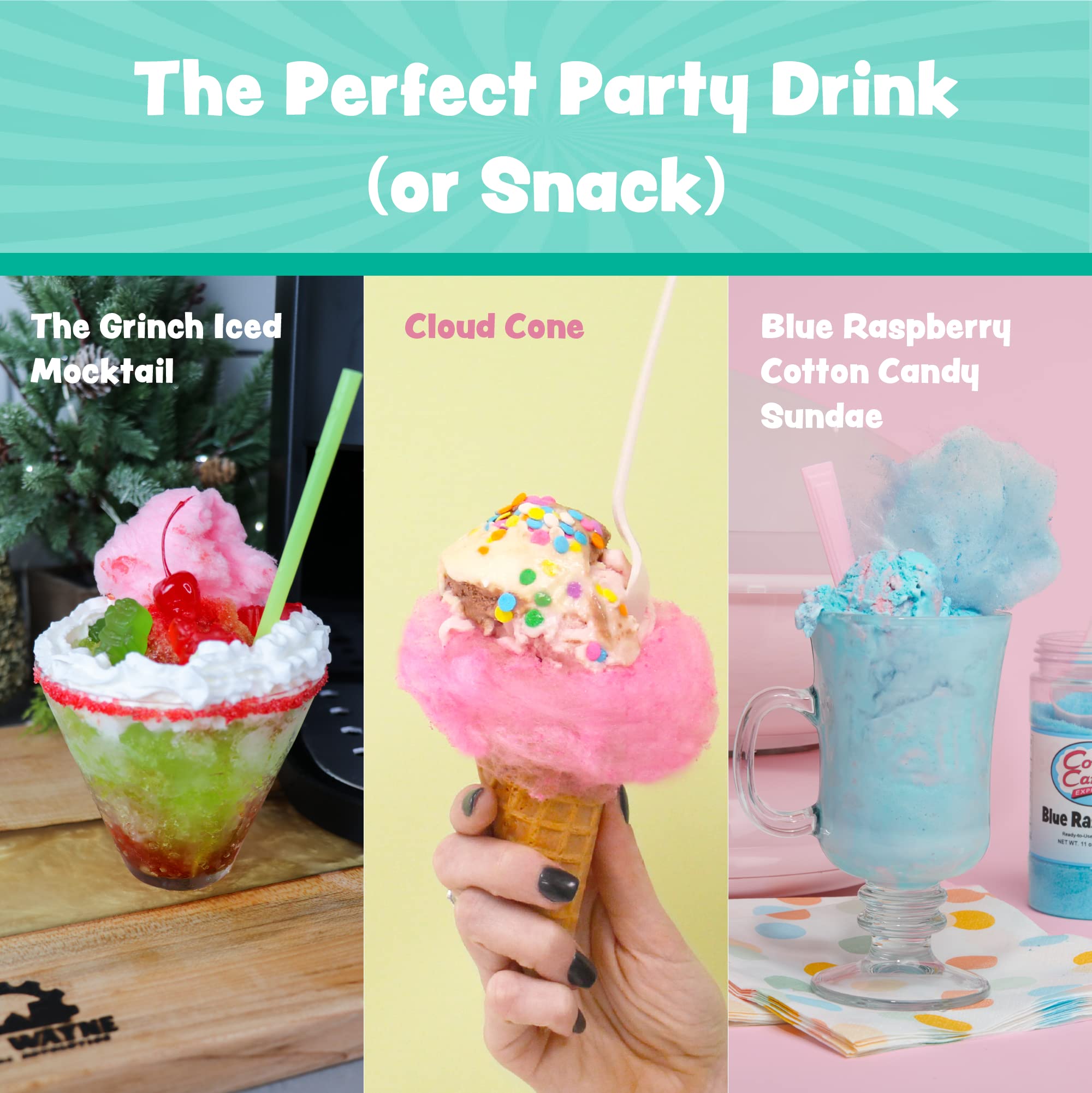 Cotton Candy Express Floss Sugar Variety Pack - 3 Flavors (Cherry, Blue Raspberry, Grape) 11oz Jars with CC1000-S Cotton Candy Machine - Perfect for Birthday Parties, Carnivals & Home Treats