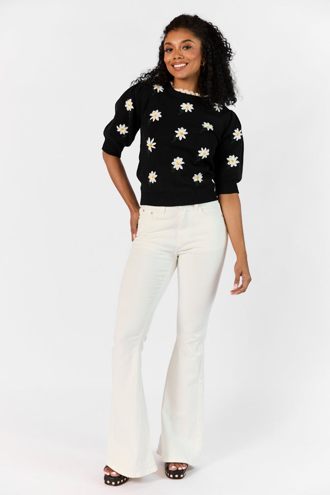 Black Floral Embroidered Lace Trim Short Sleeve Sweater - Elegant Garden Party Top for Women | Casual Spring Outfit & Romantic Date Night Blouse