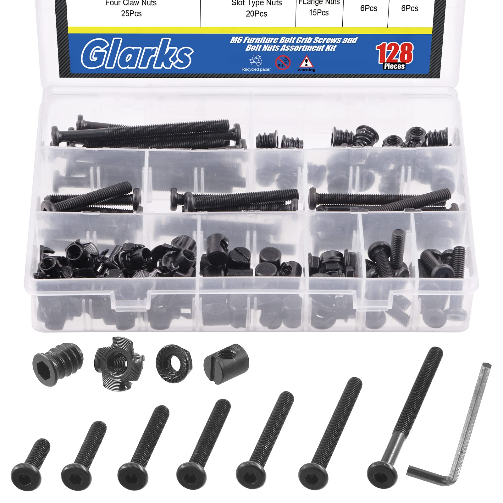 Glarks 128Pcs M6 Baby Bed Screws Kit with Nuts & Wrench for Furniture & Woodworking