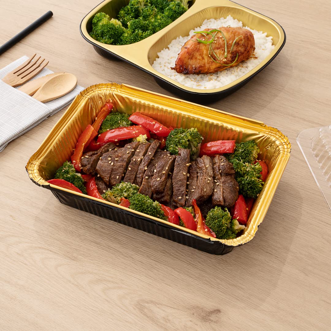 **Restaurantware Foil Lux 41 oz Heavy-Duty Aluminum Takeout Containers - 200 Recyclable Rectangle Black & Gold Foil Pans for Large Meals, Sides, Catering & Freezer Storage**