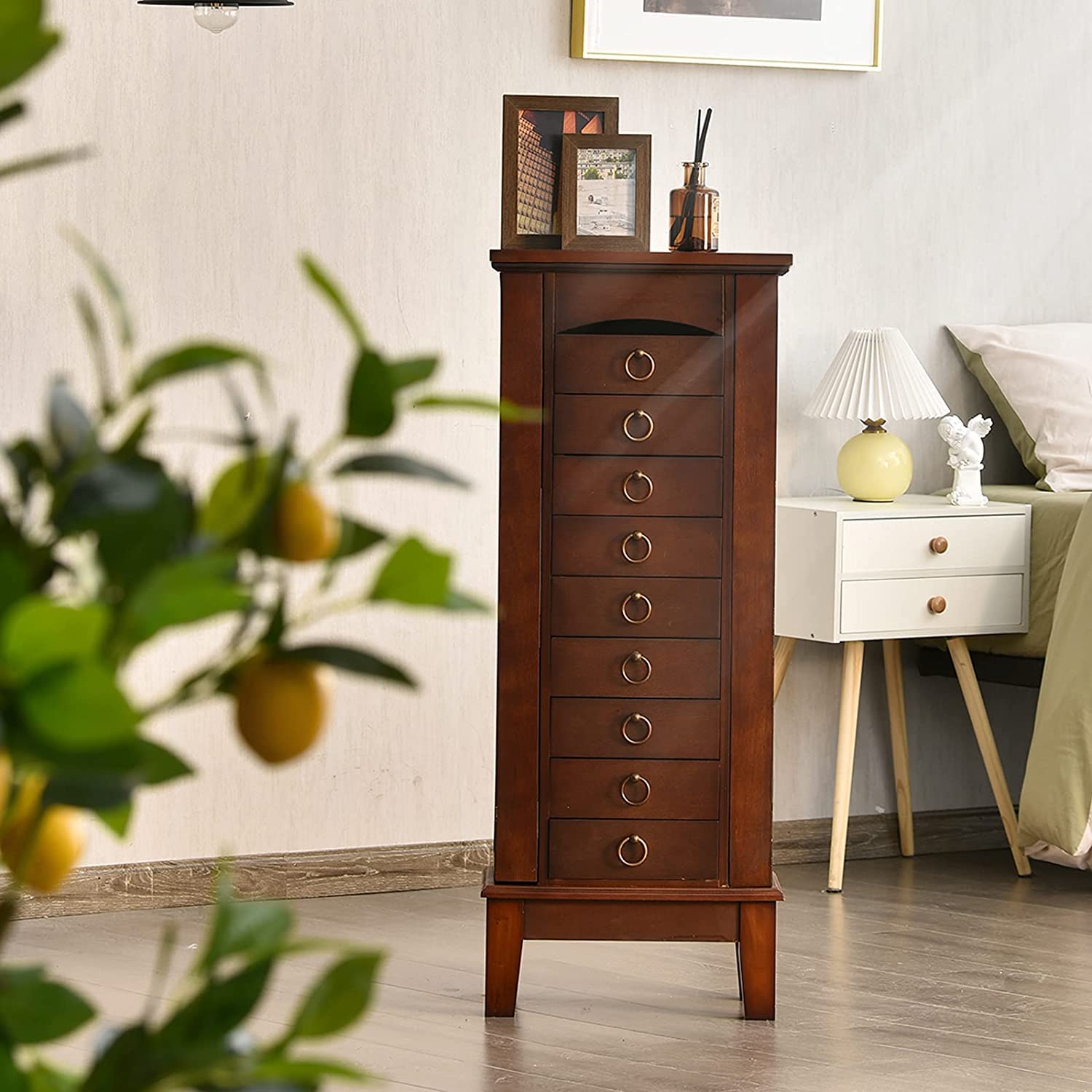 FANTASK Standing Jewelry Armoire Cabinet - Wooden Jewelry Storage Chest with Flip Top Mirror, 9 Drawers & 2 Side Doors - Large Bedroom Storage Organizer for Necklaces, Rings & Accessories - Perfect for Walk-in Closets, Dressing Rooms & Master Bedrooms (Walnut)