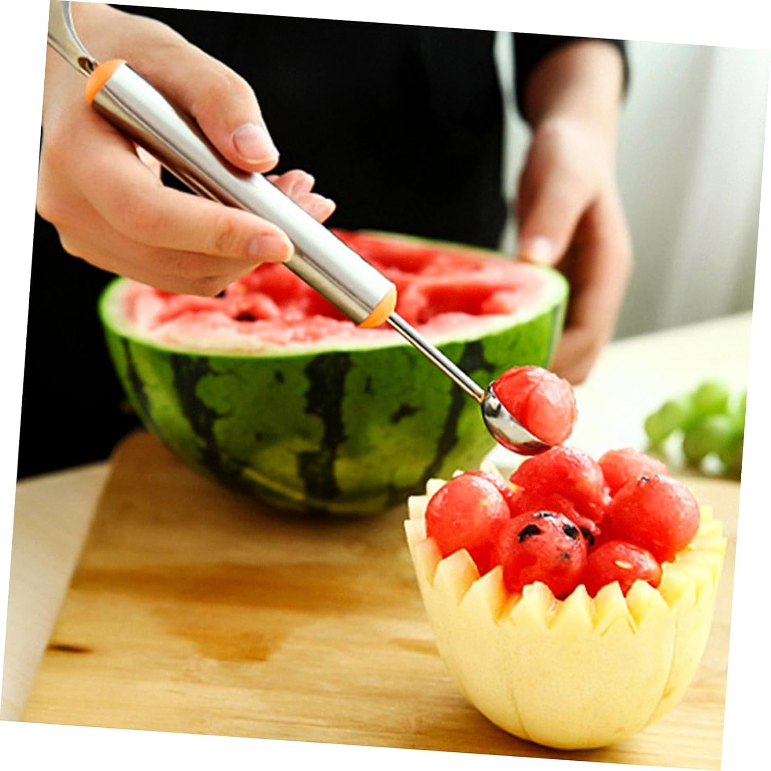 2Pcs Stainless Steel Melon Baller Scoop - Professional Fruit Carving Tool for DIY Fruit Salads, Ice Cream, Cocktail Garnishes & Kitchen Decorations - Durable & Multifunctional Kitchen Gadget