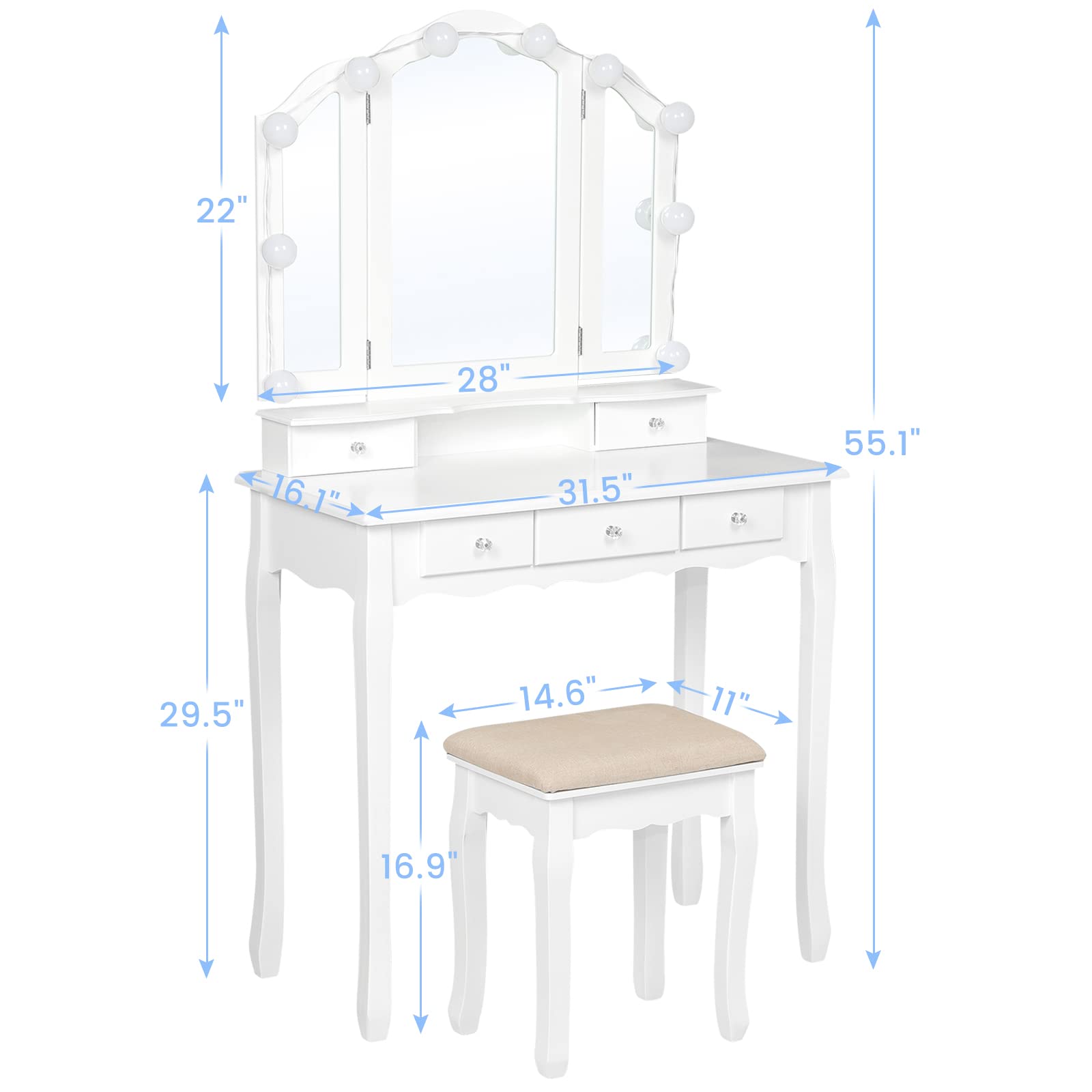 Tiptiper Makeup Vanity Set with LED Lights - White Vanity Desk with Lighted Mirror, Stool & 5 Drawers - 3 Light Modes & Adjustable Brightness for Bedroom, Dressing Room or Home Salon
